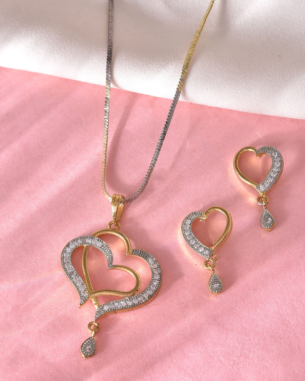 VOJ Dual Tone AD Stone Studded Heart Shaped Chain Set With Pendant | Grocsy