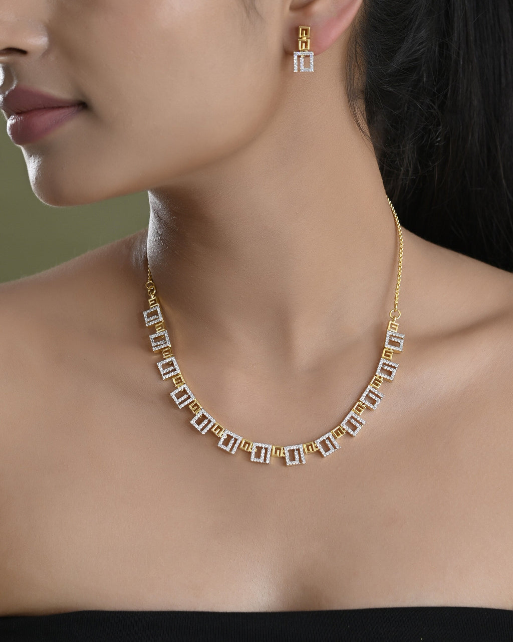 VOJ Gold-Polished Geometrical AD Jewellery Set | Grocsy