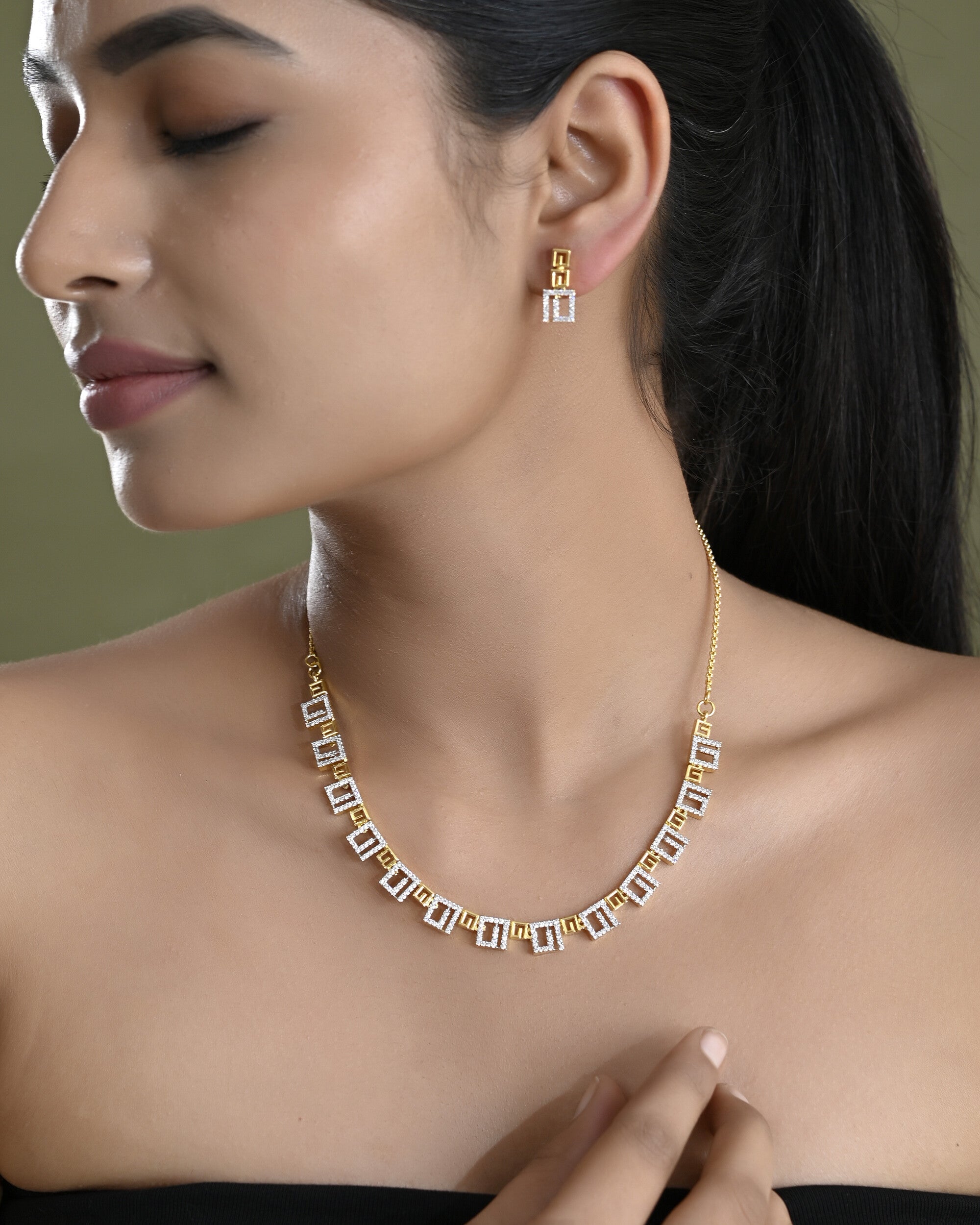 VOJ Gold-Polished Geometrical AD Jewellery Set | Grocsy