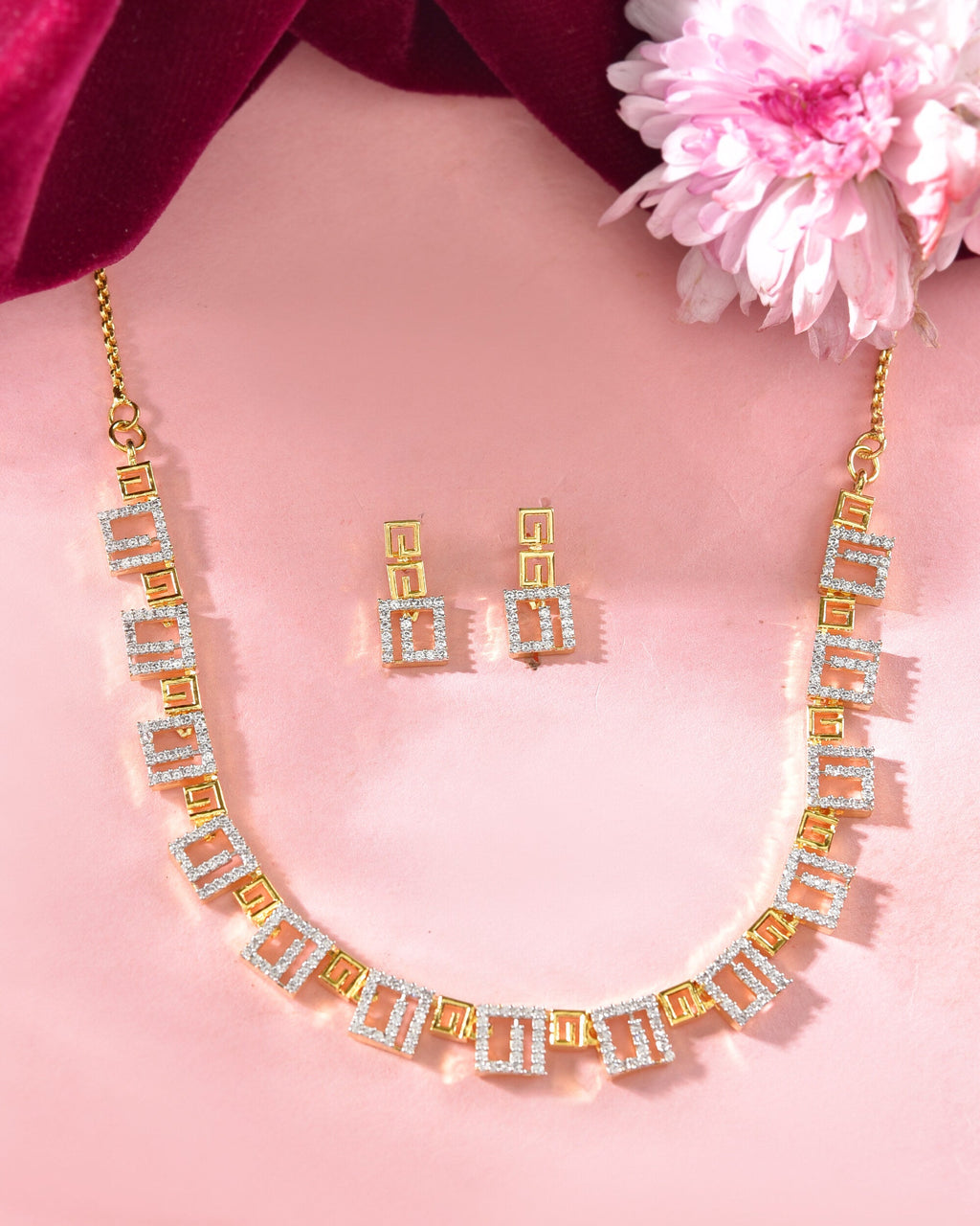 VOJ Gold-Polished Geometrical AD Jewellery Set | Grocsy