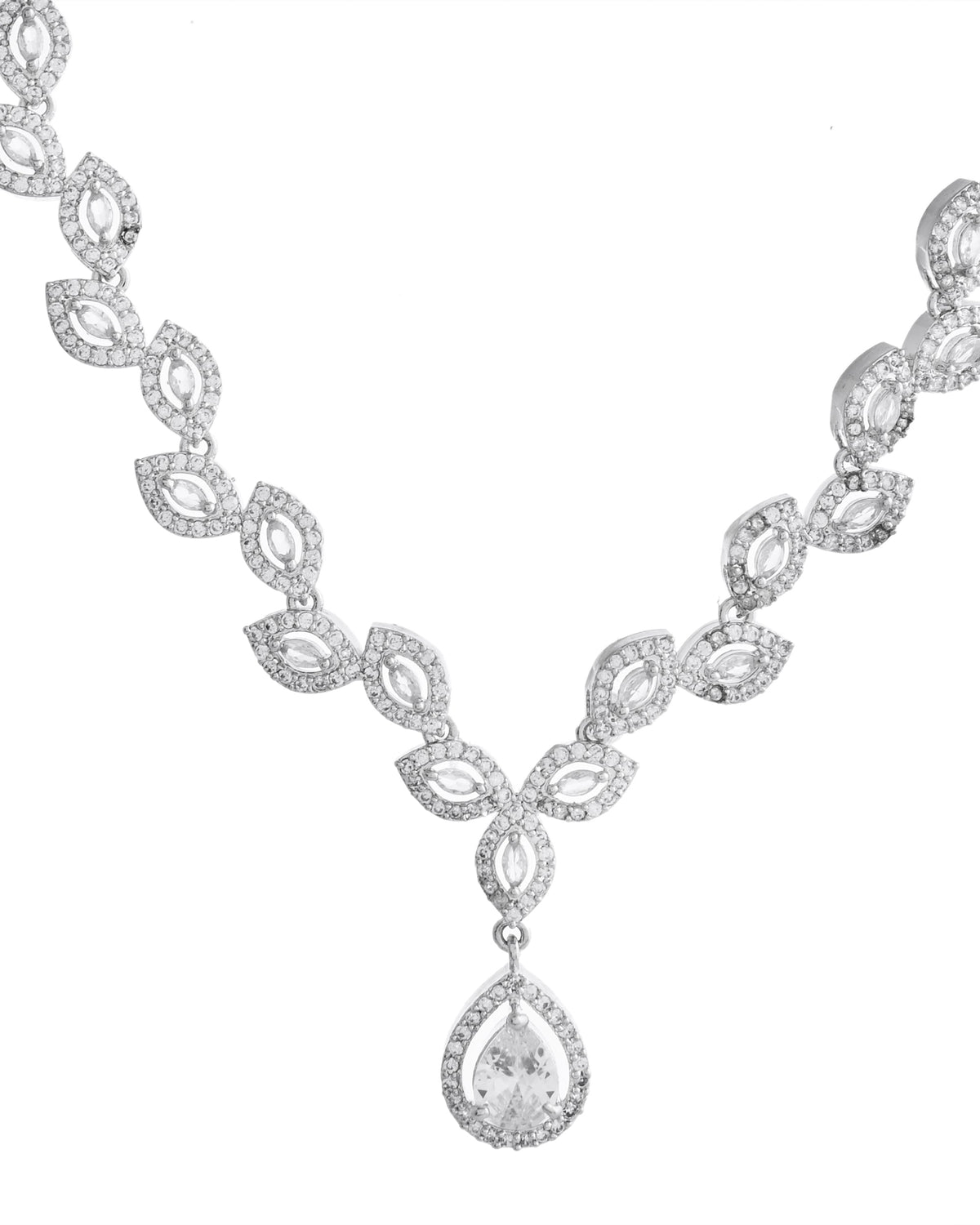 VOJ Silver Plated Tear Drop Shaped AD Necklace With Earrings Set