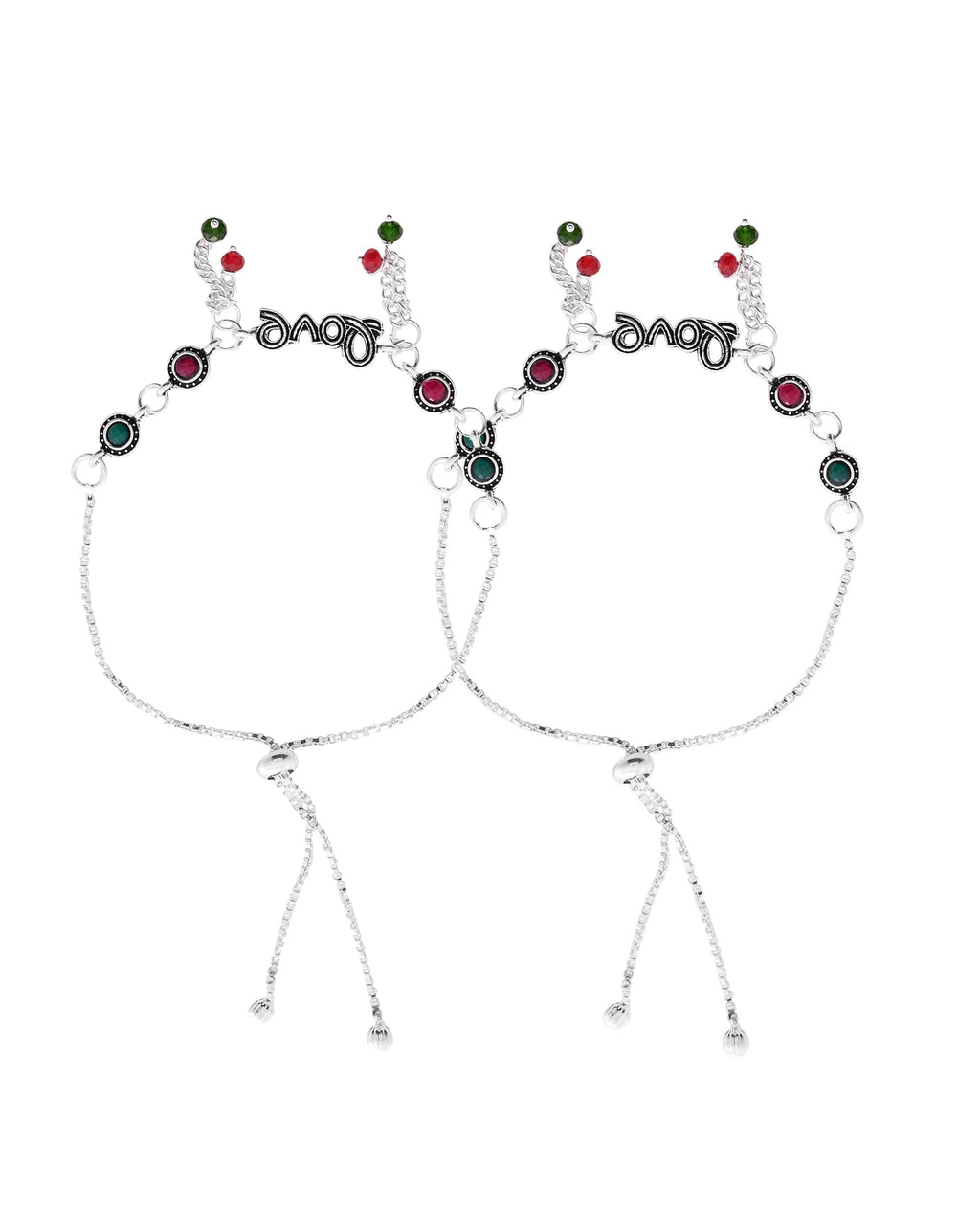 VOJ Set of 2 Silver Plated Love Meenakari Anklet | Grocsy