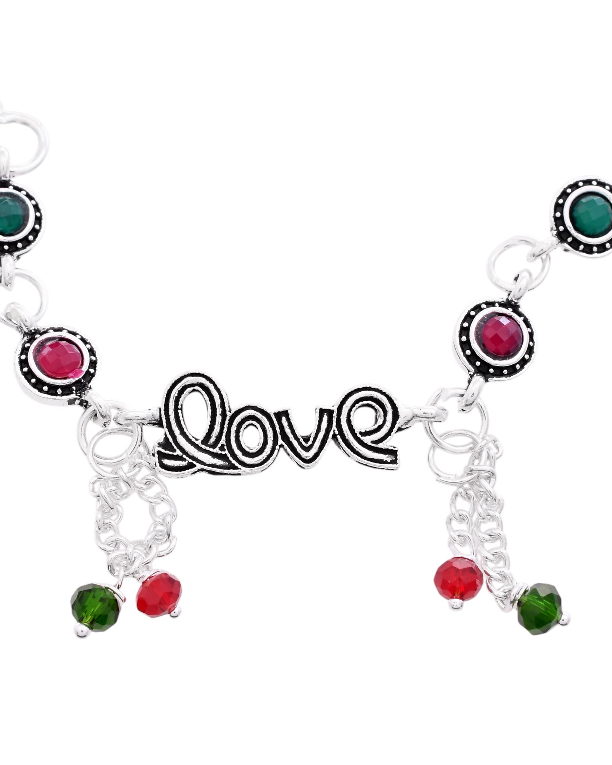 VOJ Set of 2 Silver Plated Love Meenakari Anklet | Grocsy