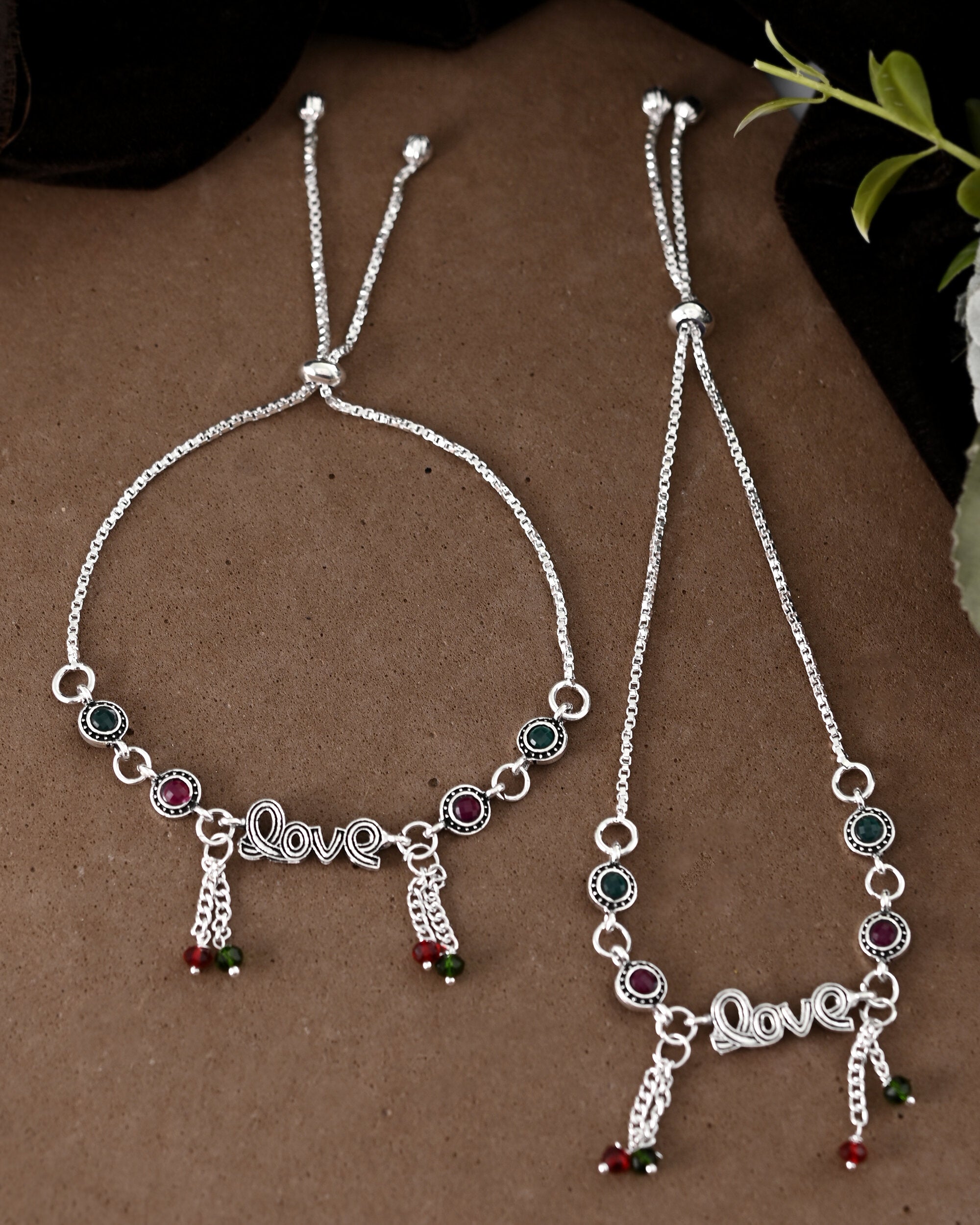 VOJ Set of 2 Silver Plated Love Meenakari Anklet | Grocsy