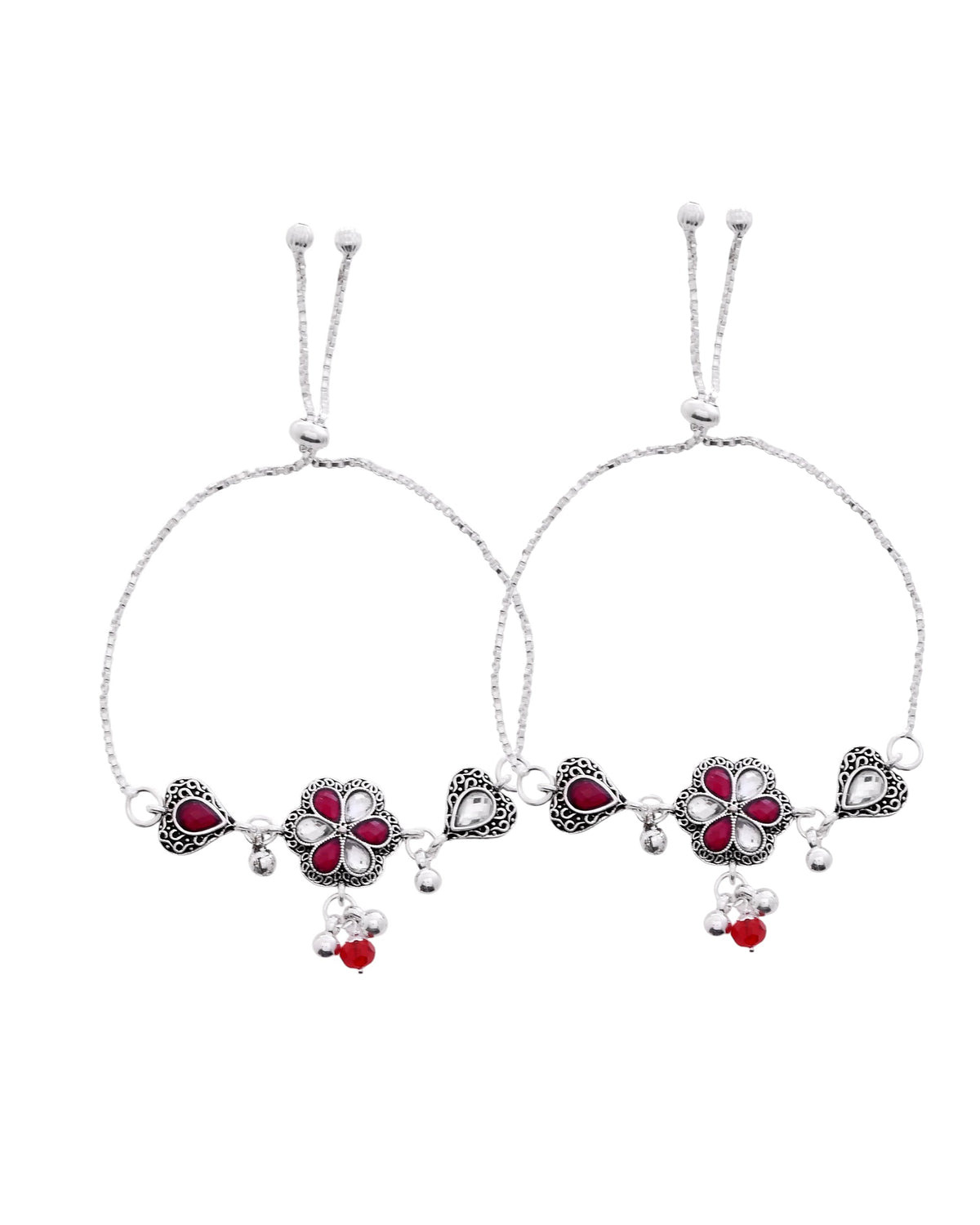 VOJ Set of 2 Silver Plated Floral Meenakari Anklet | Grocsy