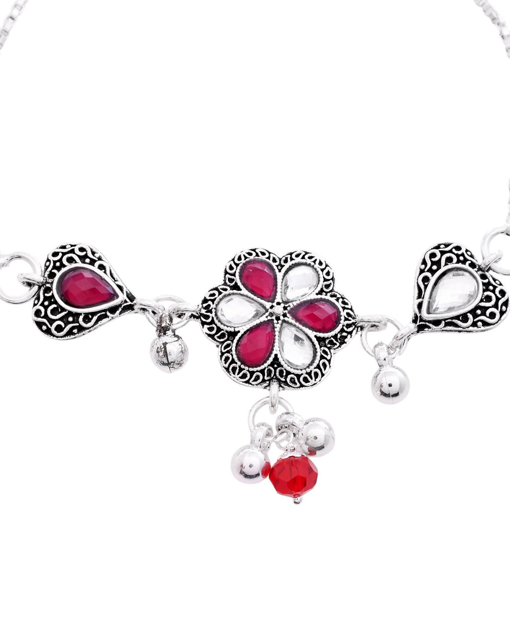 VOJ Set of 2 Silver Plated Floral Meenakari Anklet | Grocsy