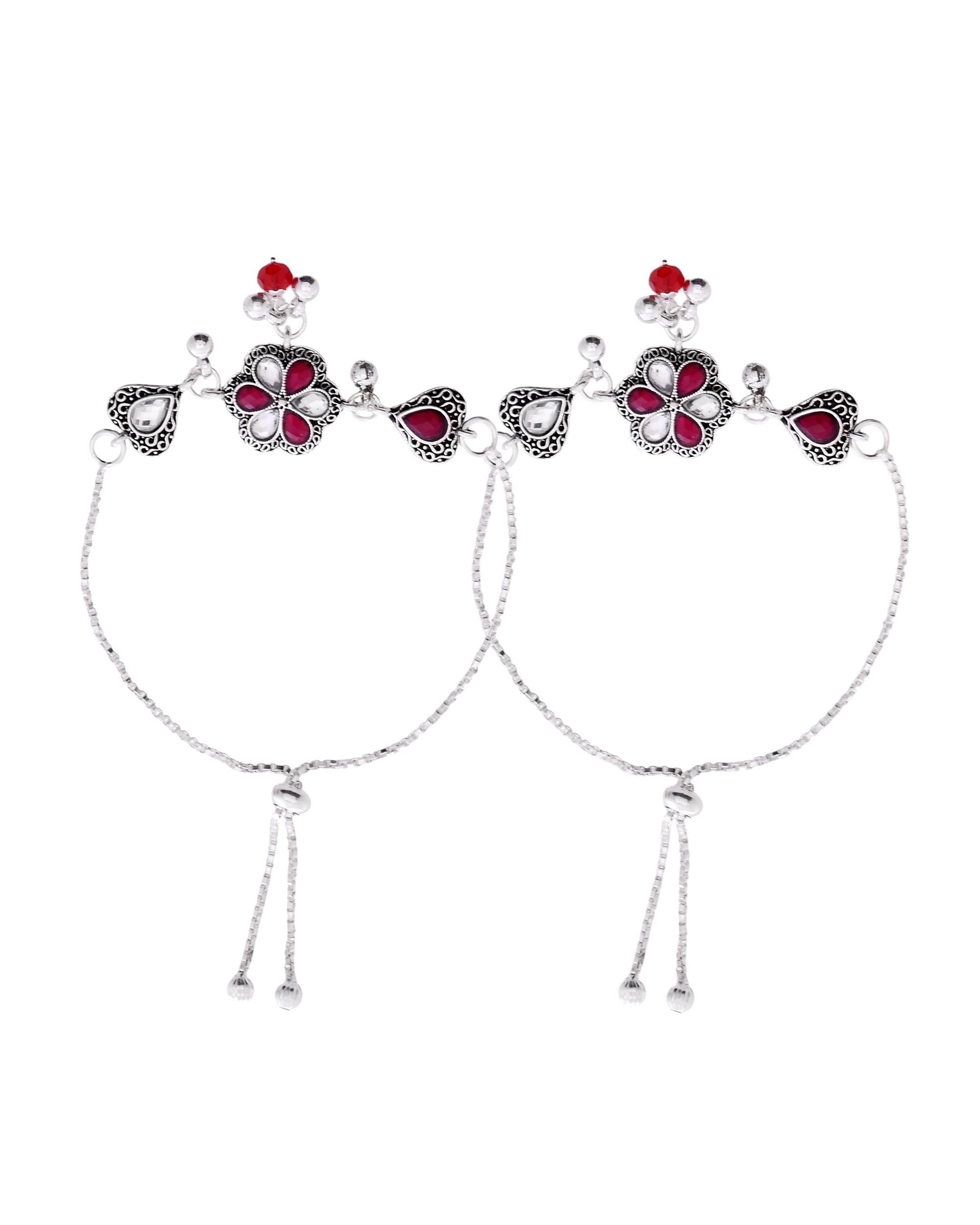 VOJ Set of 2 Silver Plated Floral Meenakari Anklet | Grocsy