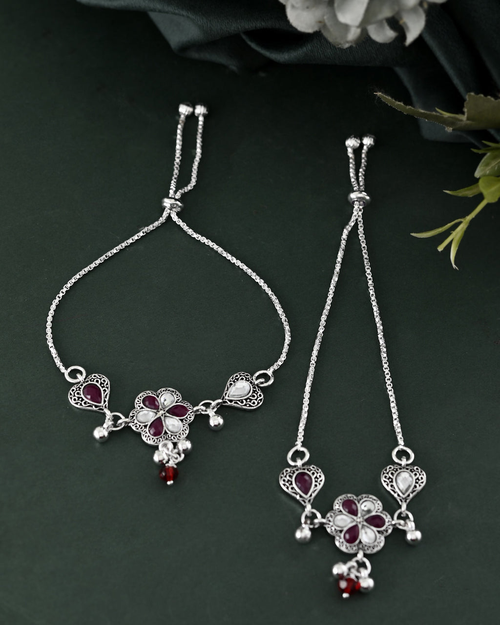 VOJ Set of 2 Silver Plated Floral Meenakari Anklet | Grocsy