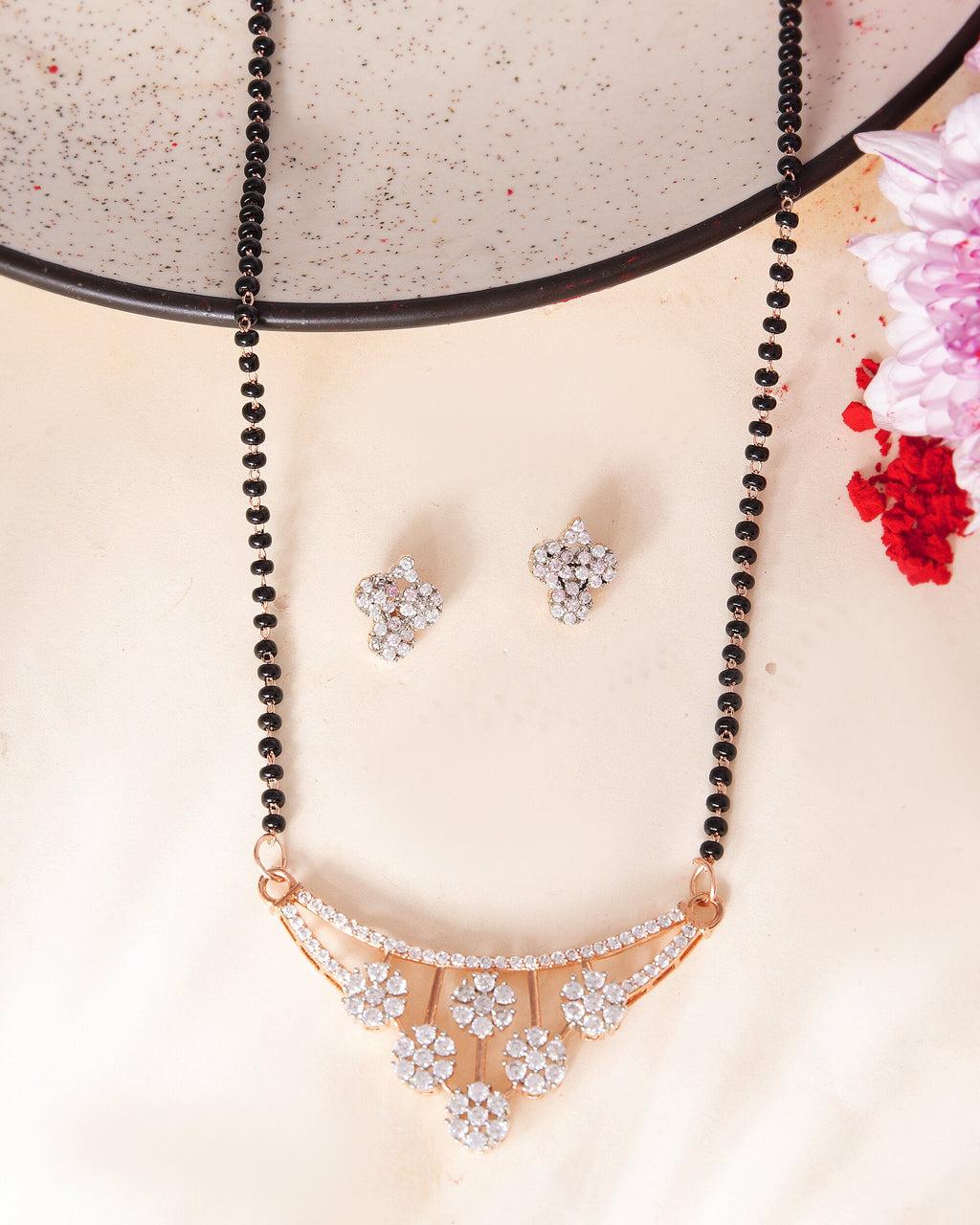 VOJ Rose Gold Toned AD Stone Studded Floral MangalSutra Set | Grocsy