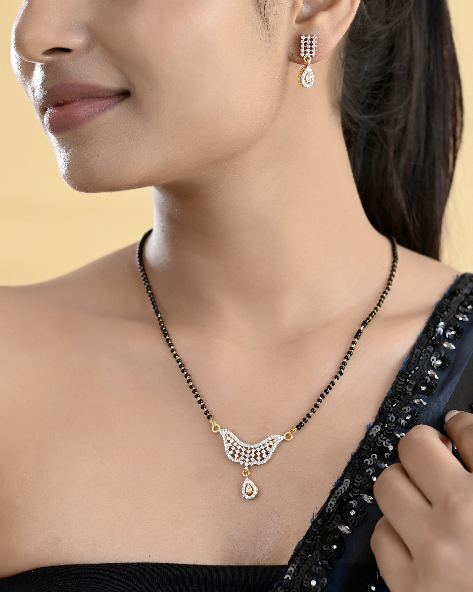 VOJ Gold-Polished Designer AD Mangalsutra Set | Grocsy