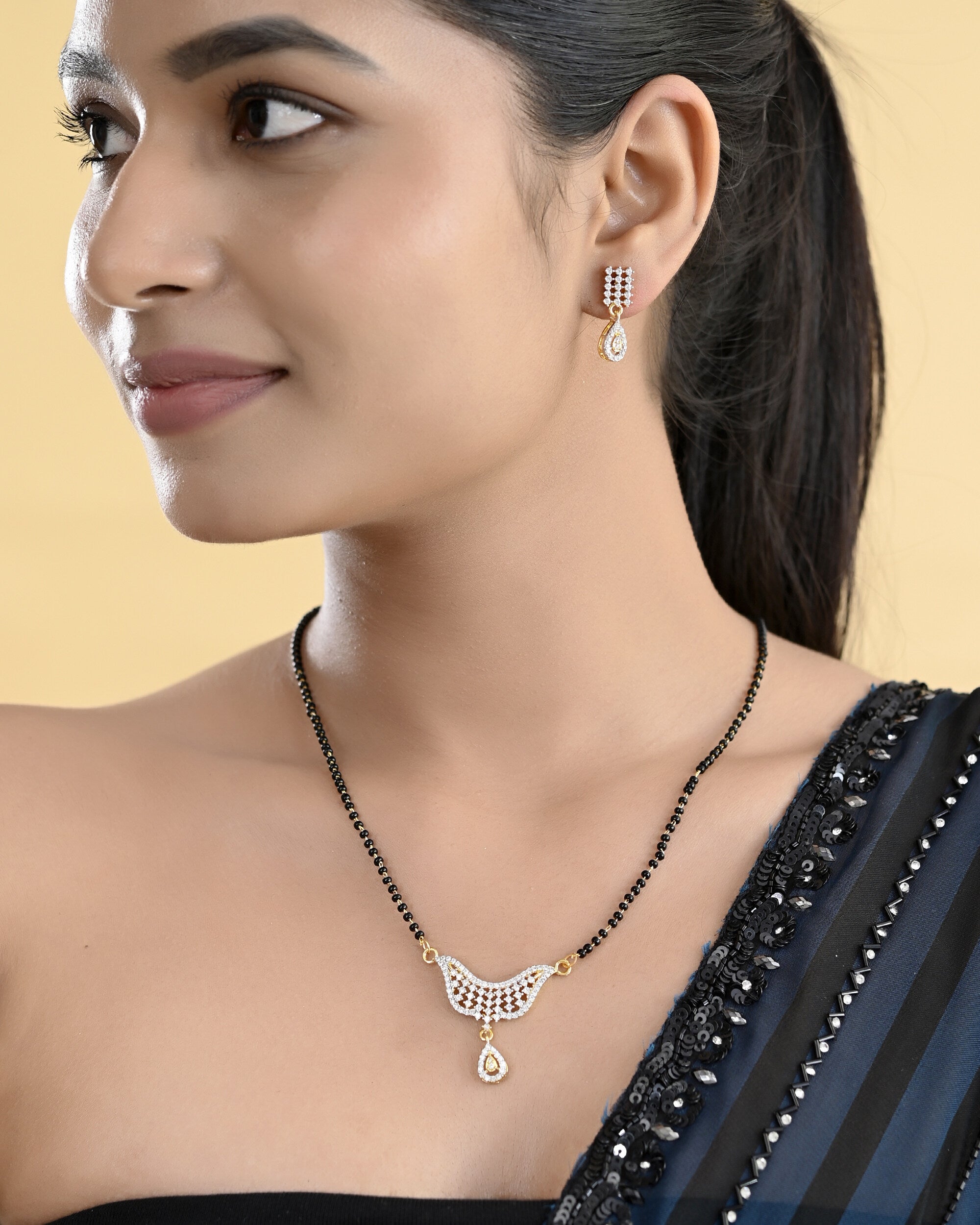 VOJ Gold-Polished Designer AD Mangalsutra Set | Grocsy