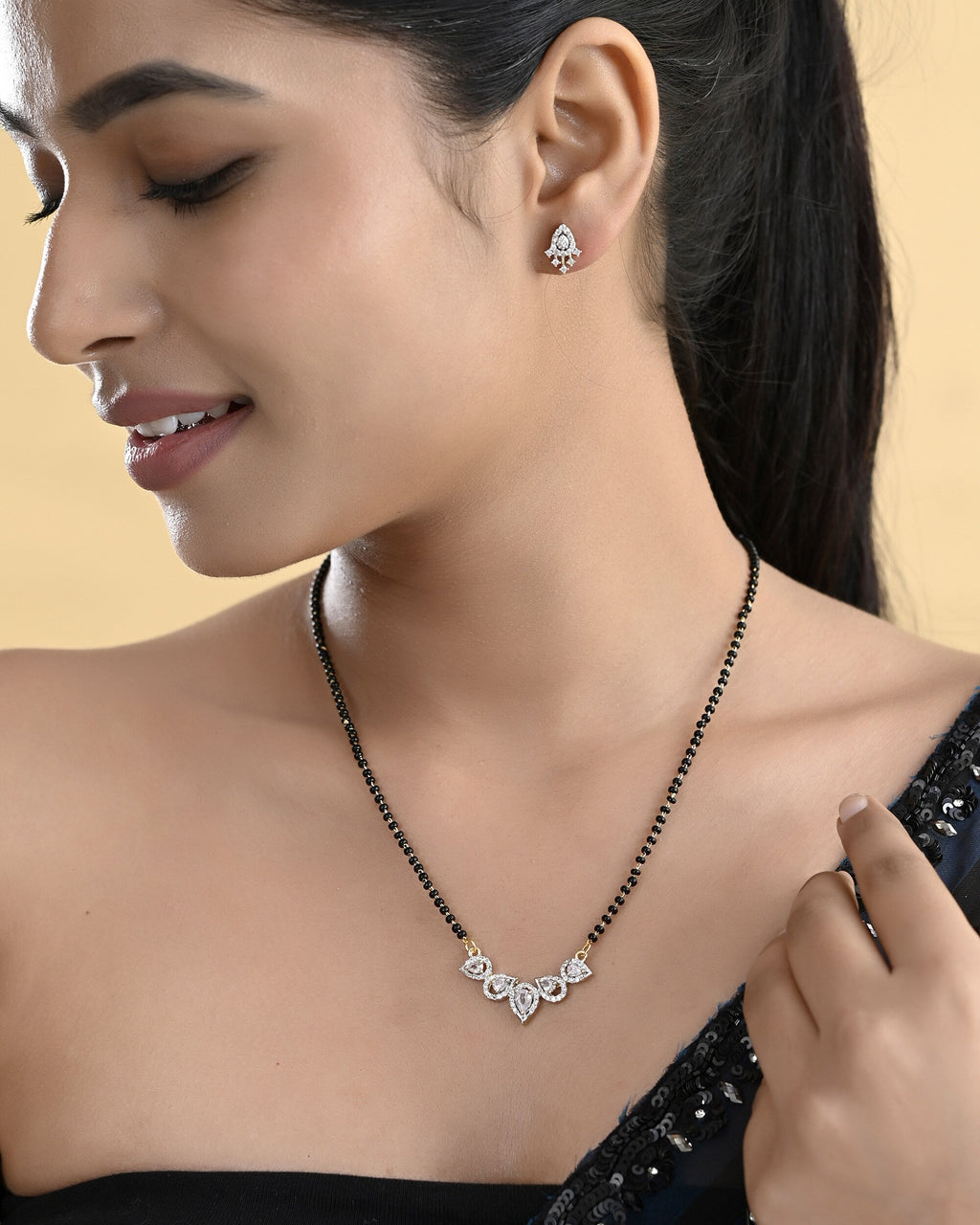 VOJ Gold-Polished Tear Drop Shape AD Mangalsutra Set | Grocsy