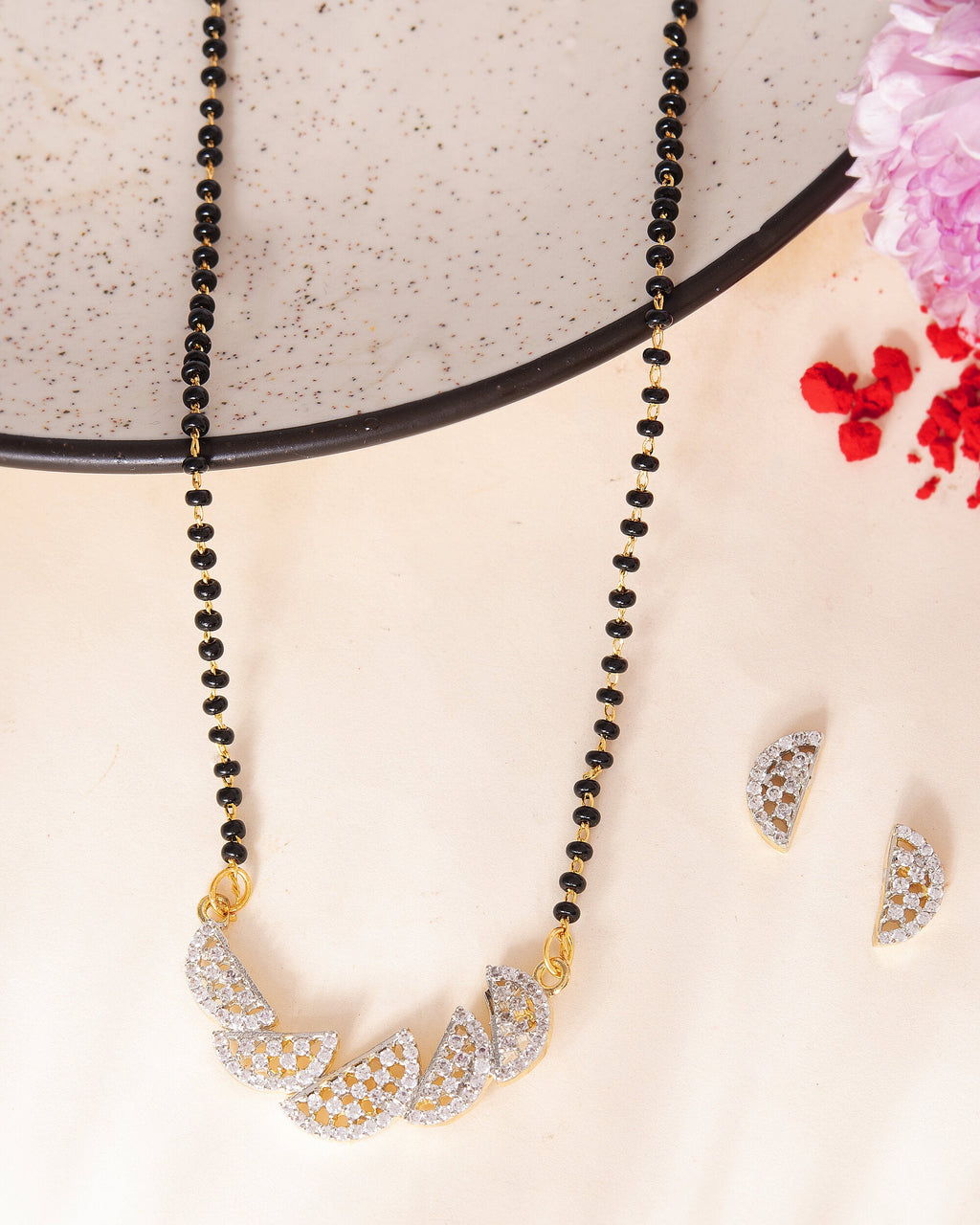 VOJ Gold-Polished Semi Circle Shape AD Mangalsutra Set | Grocsy