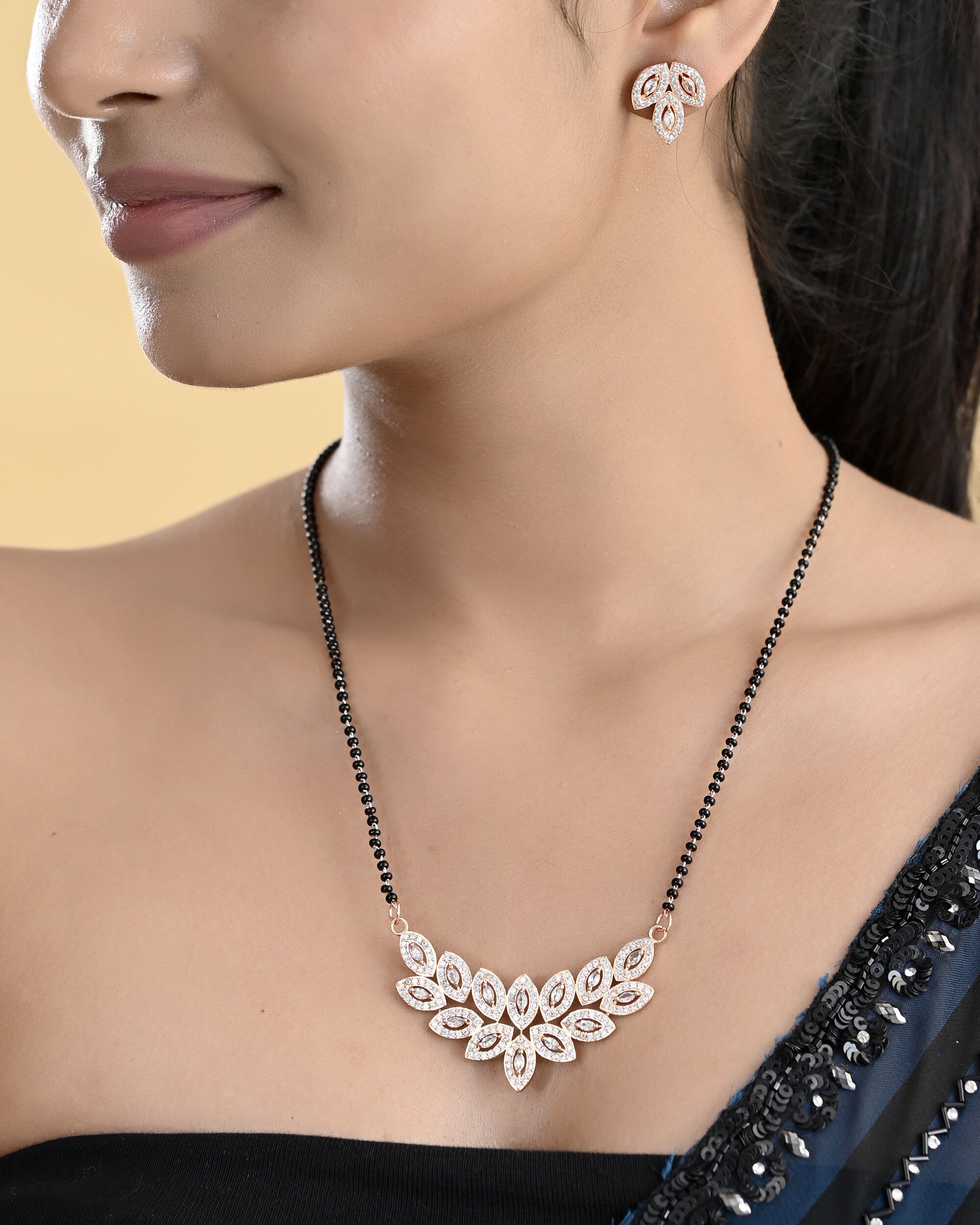 VOJ Gold-Polished Stylish Tear Drop AD Mangalsutra Set | Grocsy