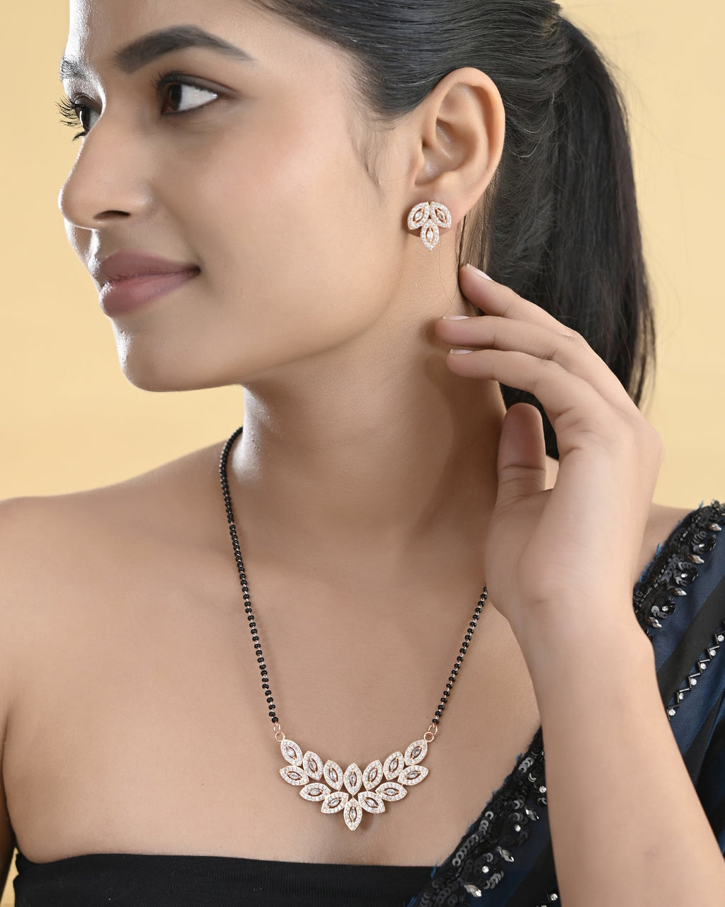 VOJ Gold-Polished Stylish Tear Drop AD Mangalsutra Set | Grocsy