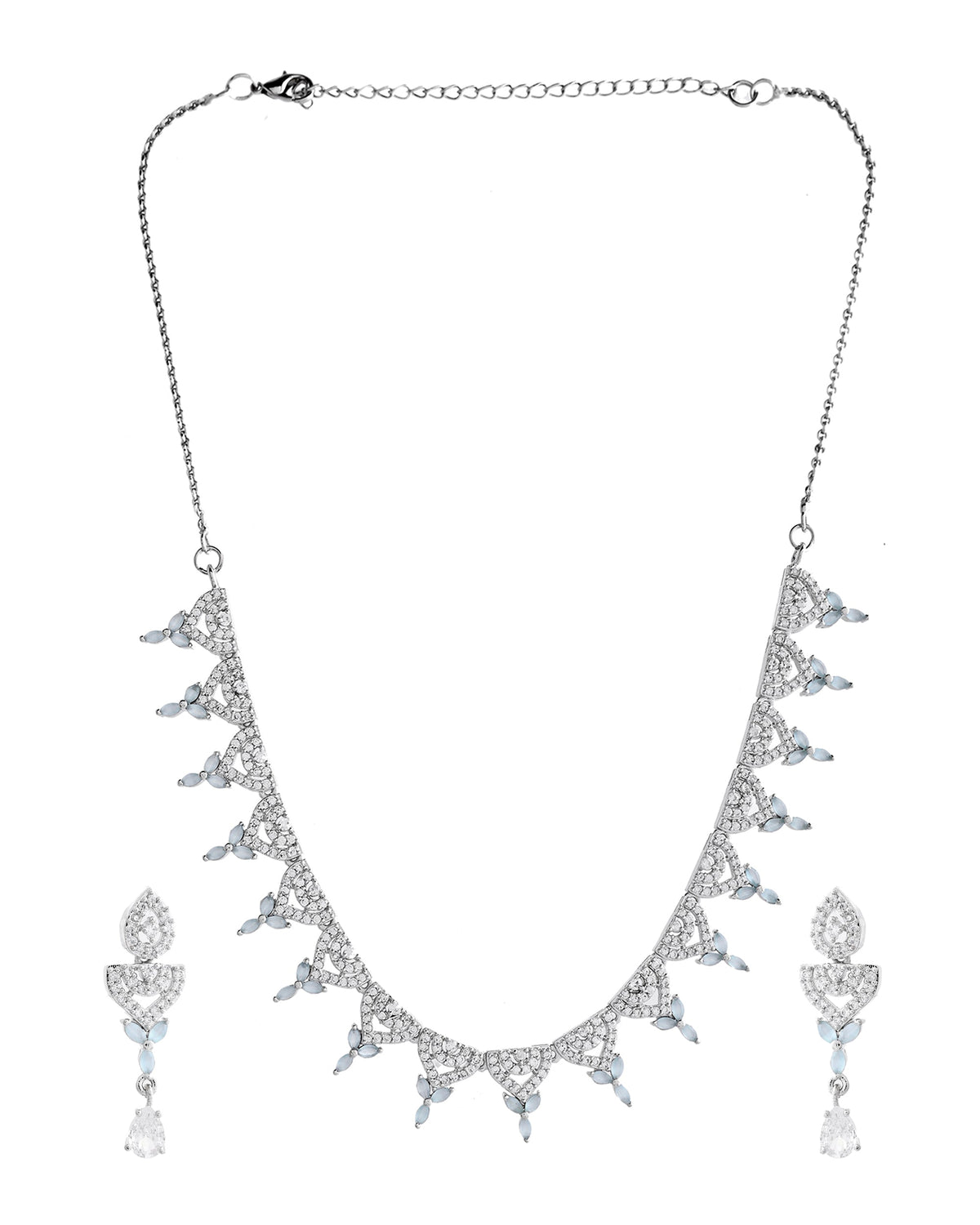 VOJ Silver Plated Mint Green Stone AD Necklace And Earrings Set