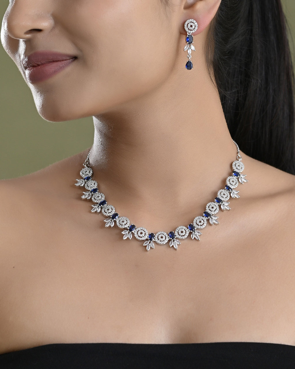 VOJ Silver Plated Dark Blue Stone Circular AD Jewellery Set | Grocsy