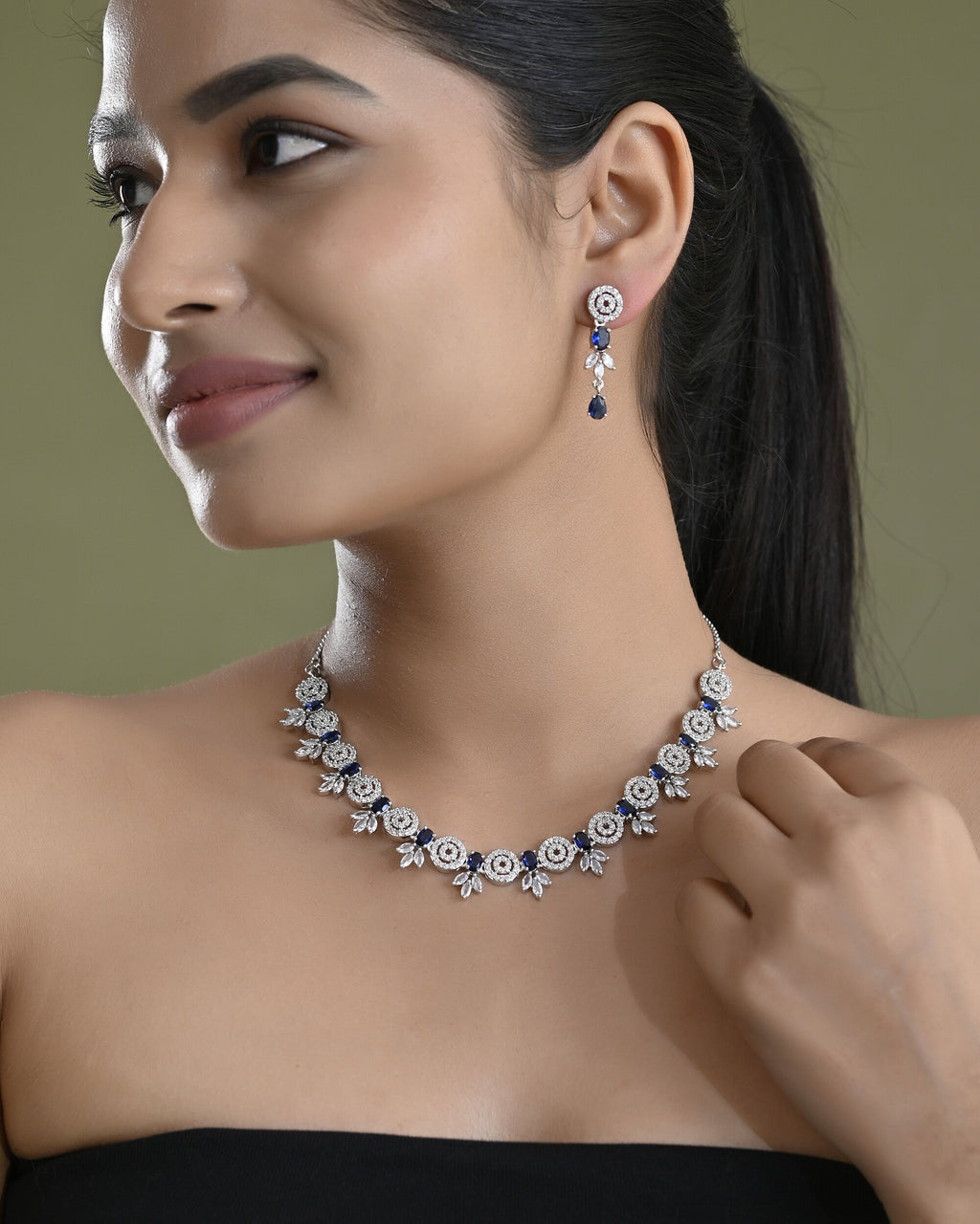VOJ Silver Plated Dark Blue Stone Circular AD Jewellery Set | Grocsy