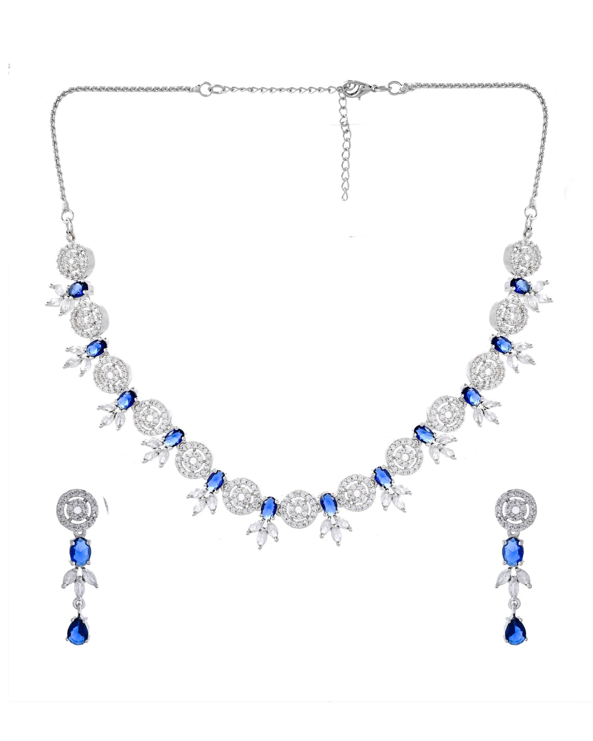 VOJ Silver Plated Dark Blue Stone Circular AD Jewellery Set | Grocsy