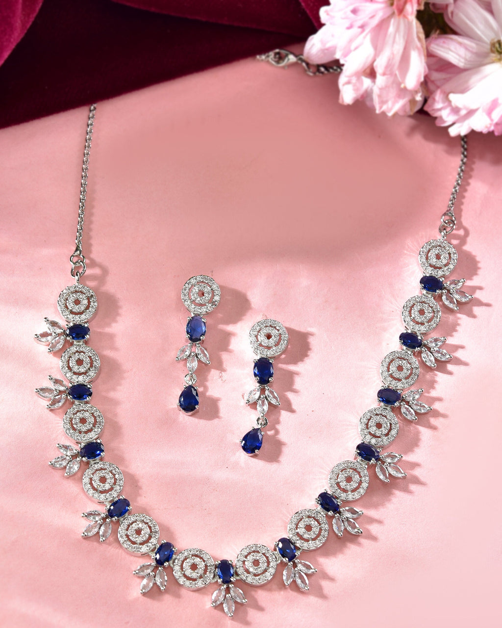 VOJ Silver Plated Dark Blue Stone Circular AD Jewellery Set | Grocsy