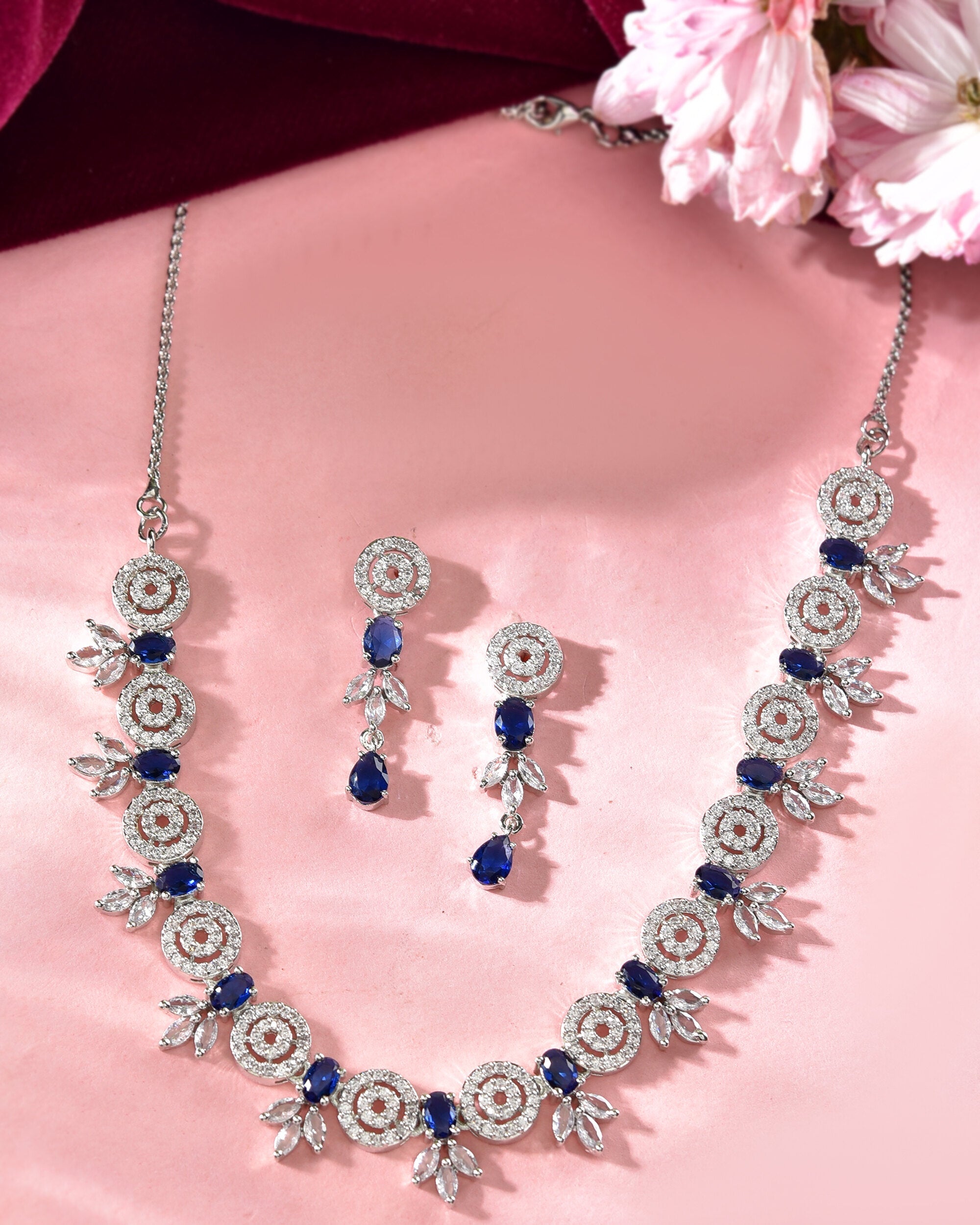 VOJ Silver Plated Dark Blue Stone Circular AD Jewellery Set | Grocsy