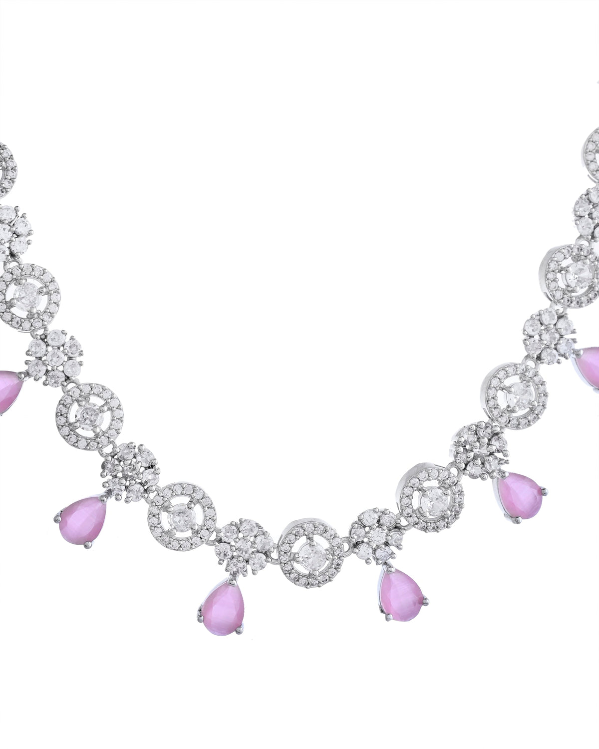 VOJ Silver Plated Baby Pink Stone Floral And Cricular AD Jewellery Set
