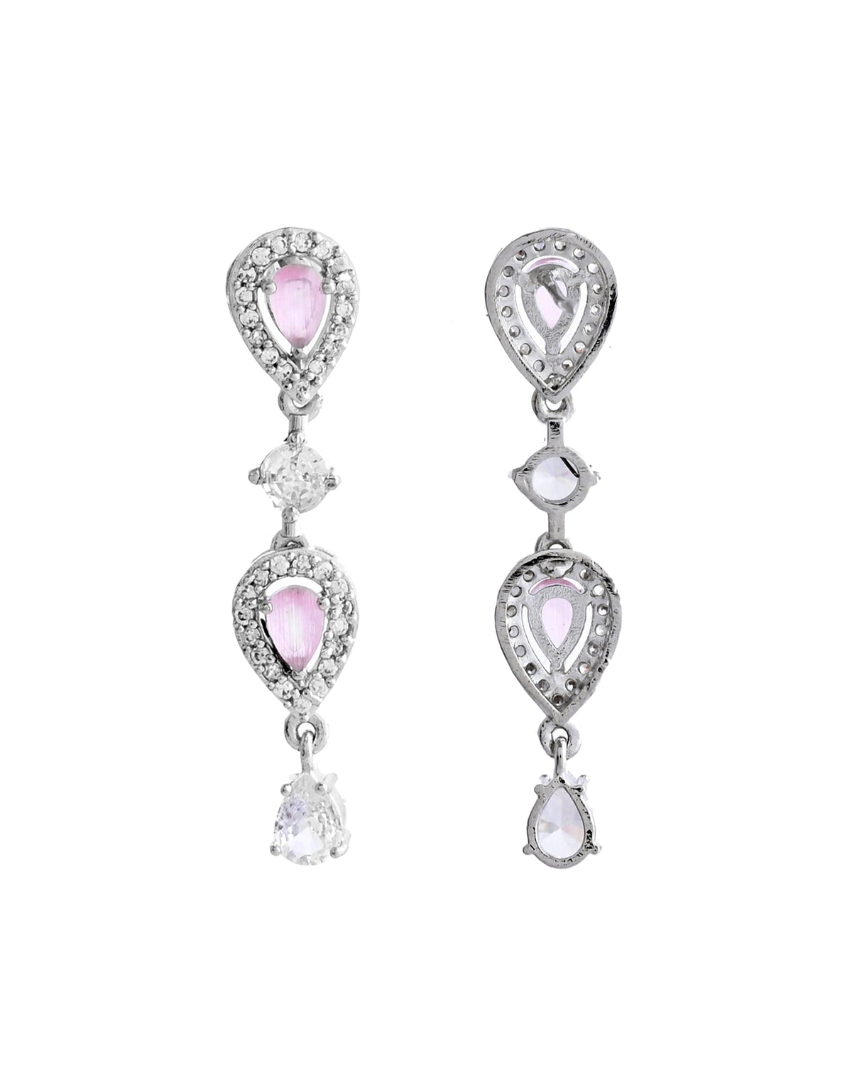 VOJ Silver Plated Baby Pink Stone Tear Drop Shaped AD Jewellery Set