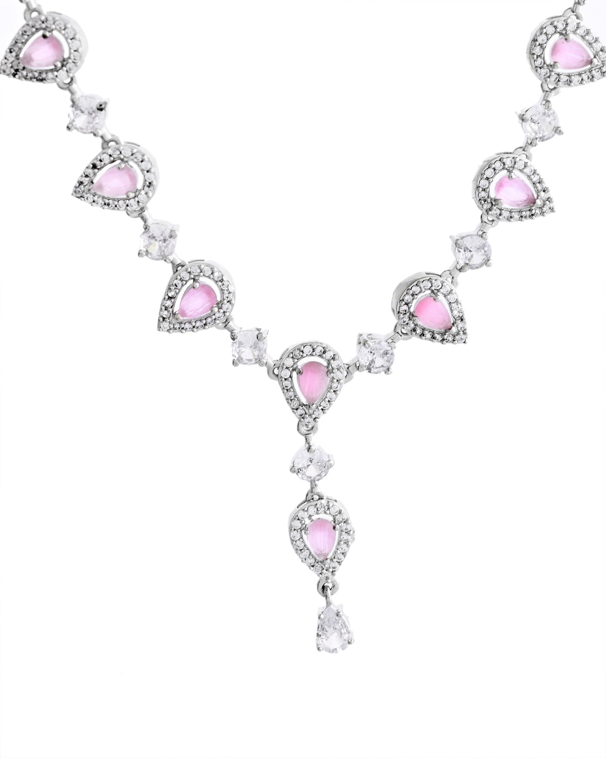 VOJ Silver Plated Baby Pink Stone Tear Drop Shaped AD Jewellery Set