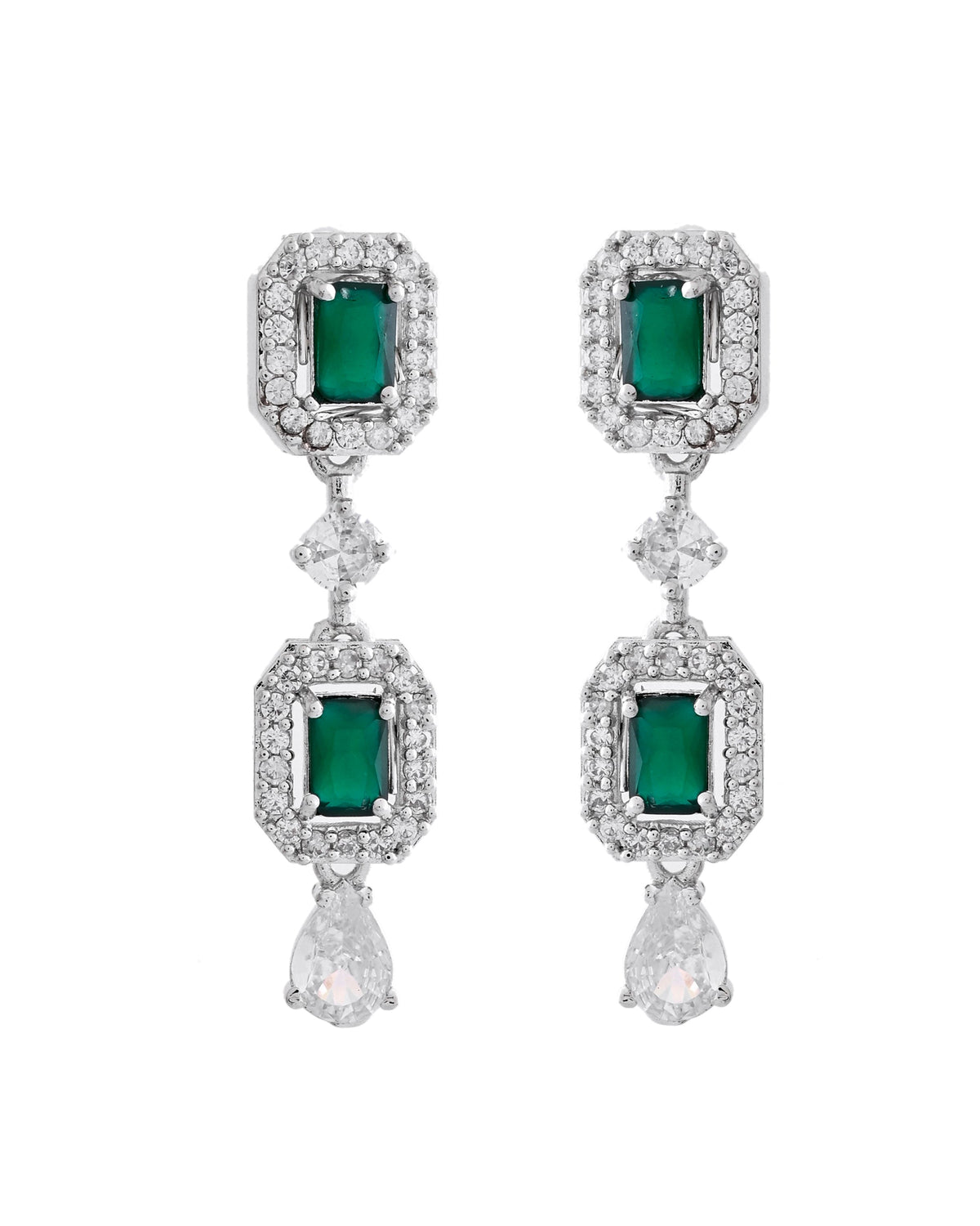 VOJ Silver Plated Green Stone Geometrical Shaped AD Jewellery Set