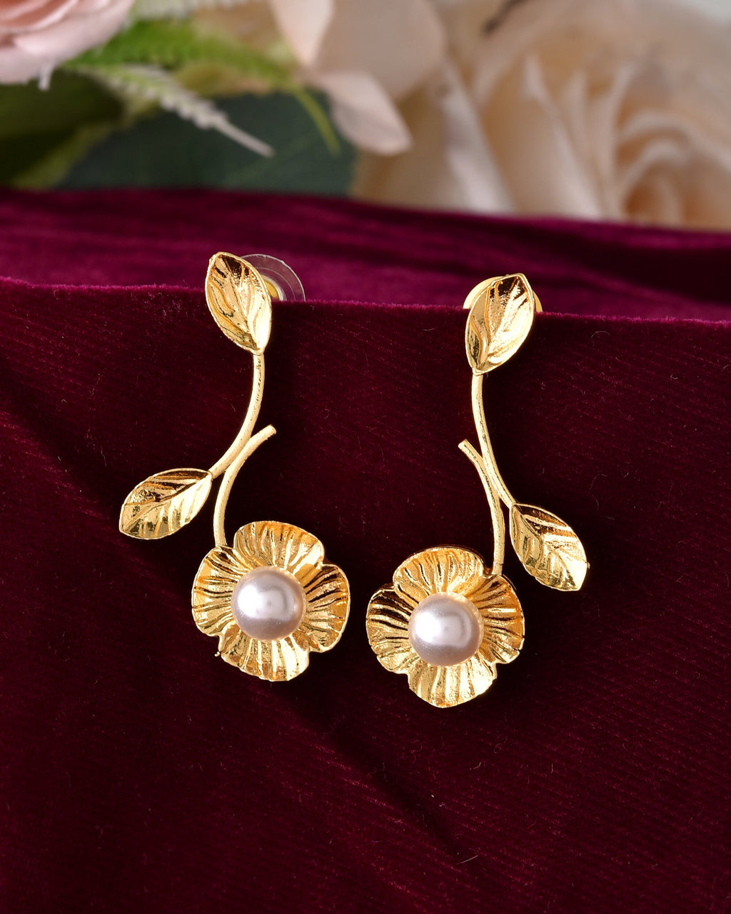 VOJ Gold Toned Floral Shaped Elegent Earrings