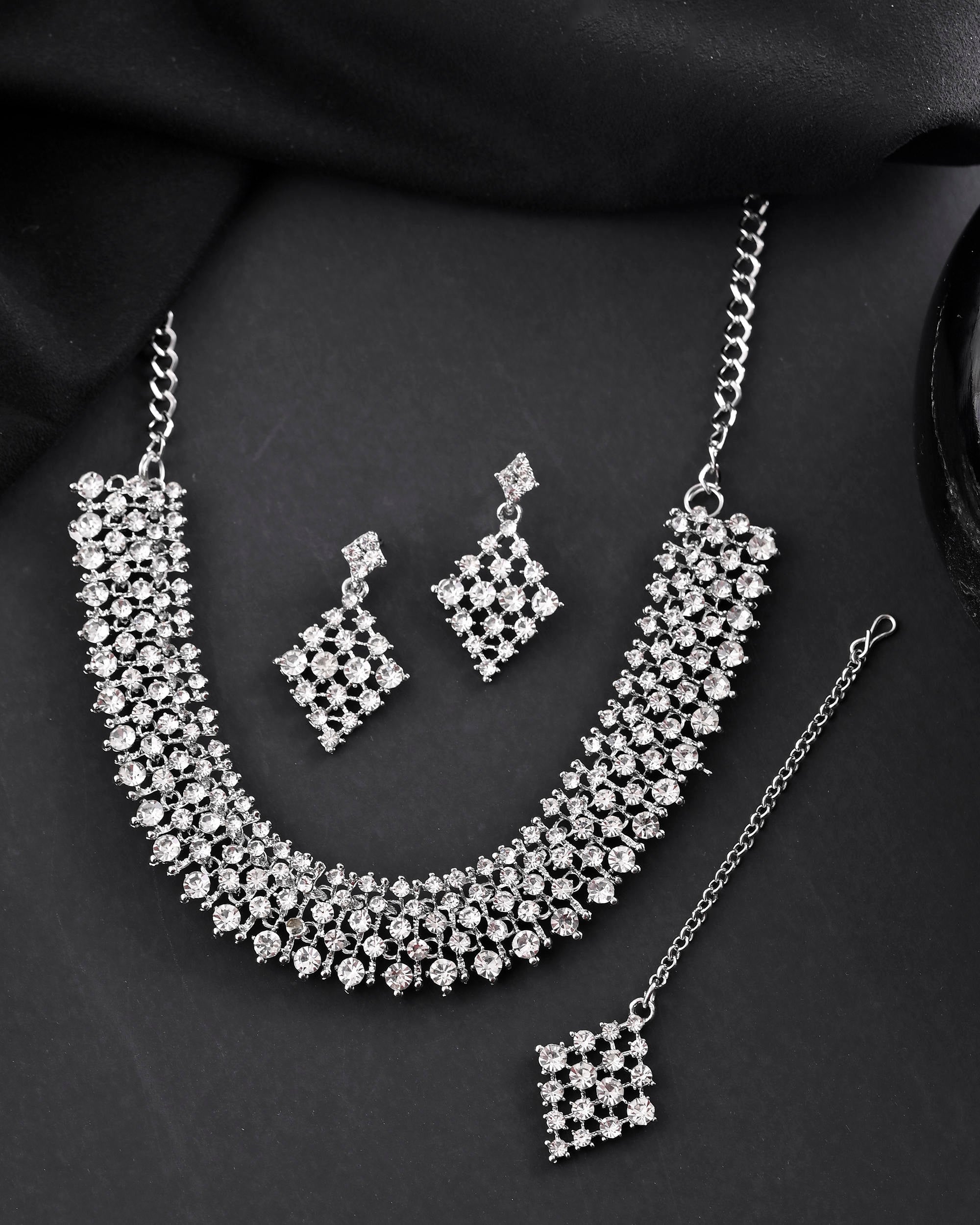 VOJ Silver-Plated AD-Studded Handcrafted Jewellery Set
