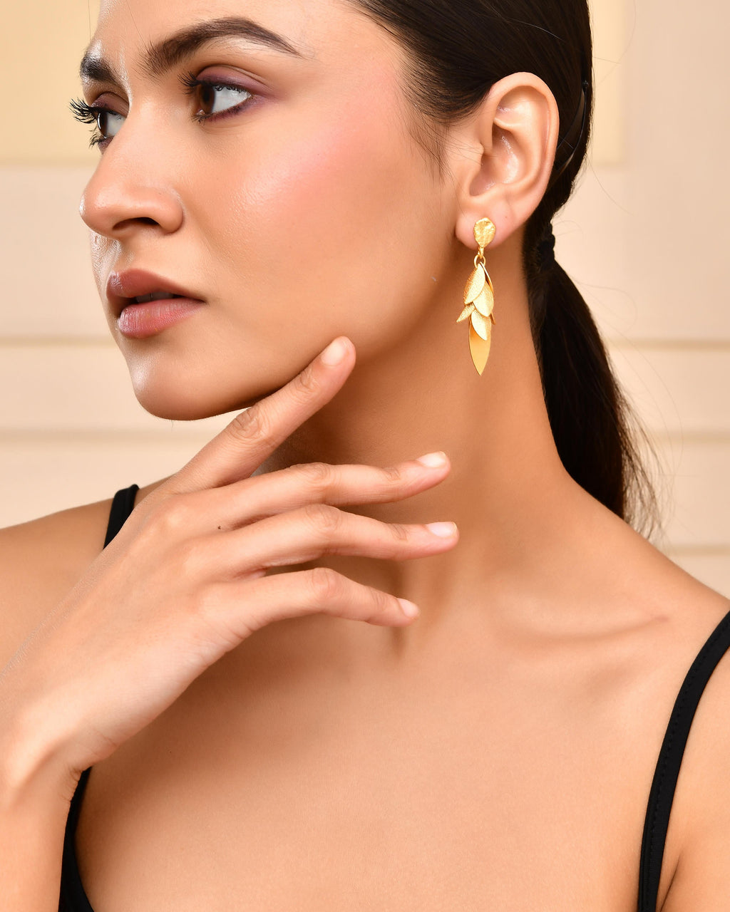 VOJ Gold-Toned Anti Tarnish Leafs Drop Earrings | Grocsy