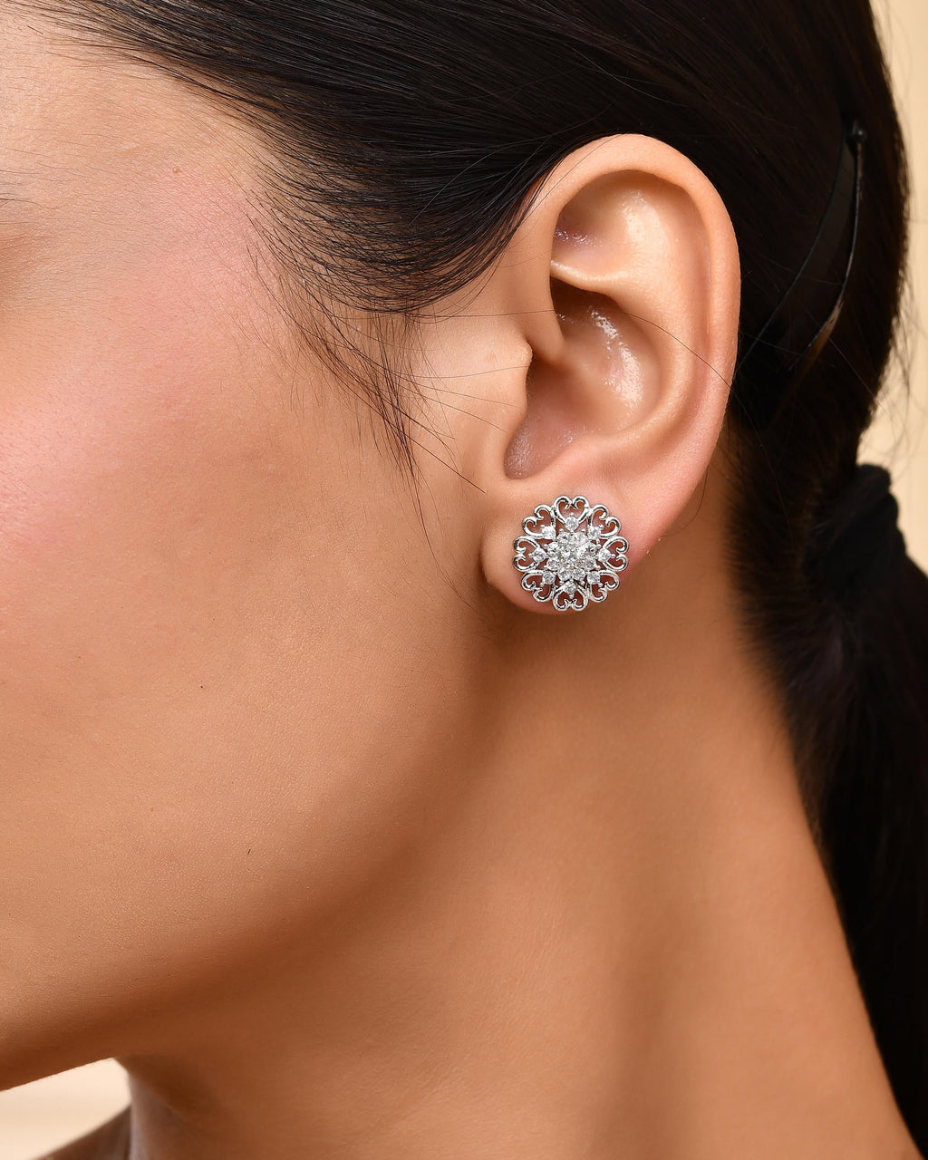 VOJ Silver Plated AD-Studded Flower Shape Stud Earrings