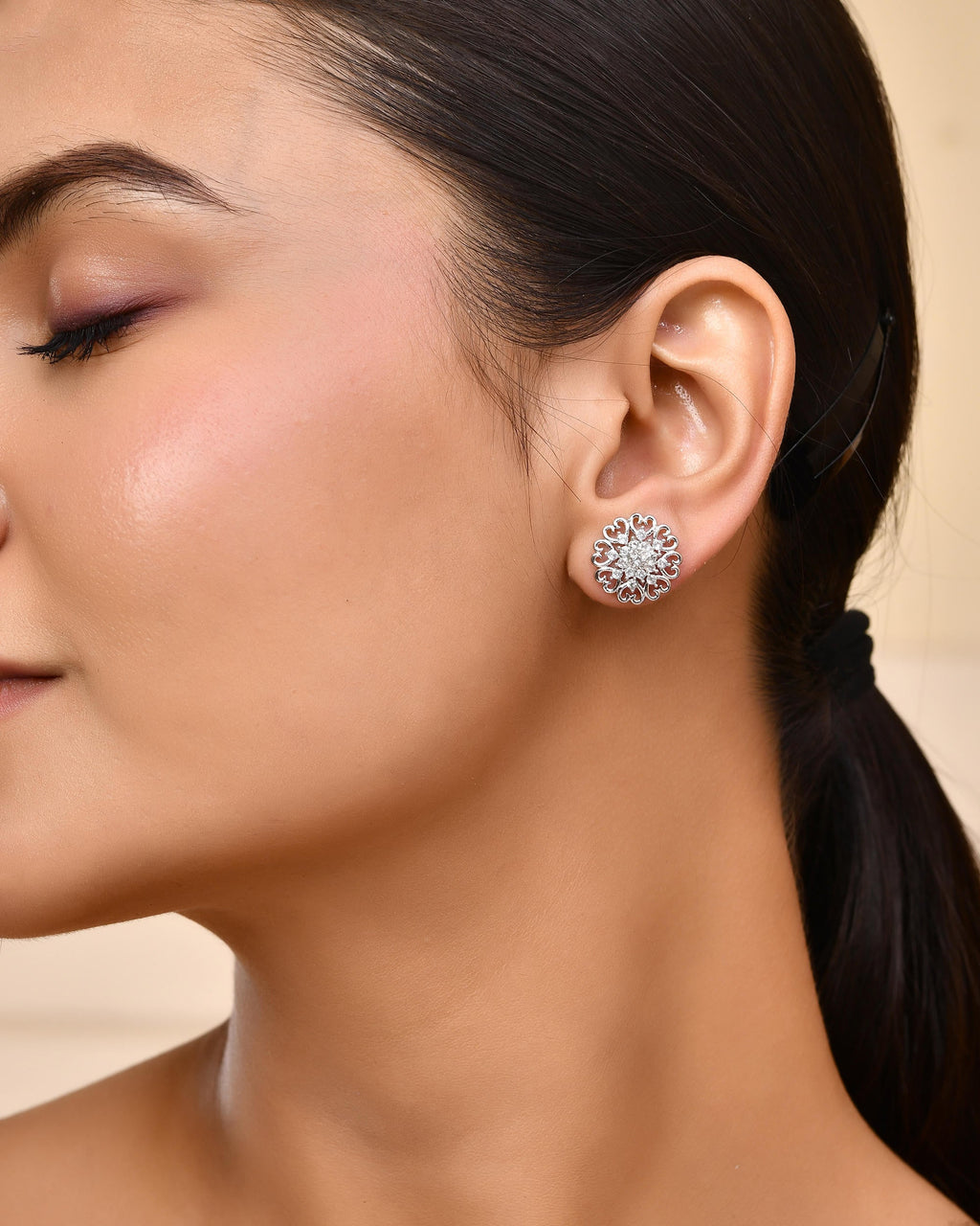 VOJ Silver Plated AD-Studded Flower Shape Stud Earrings