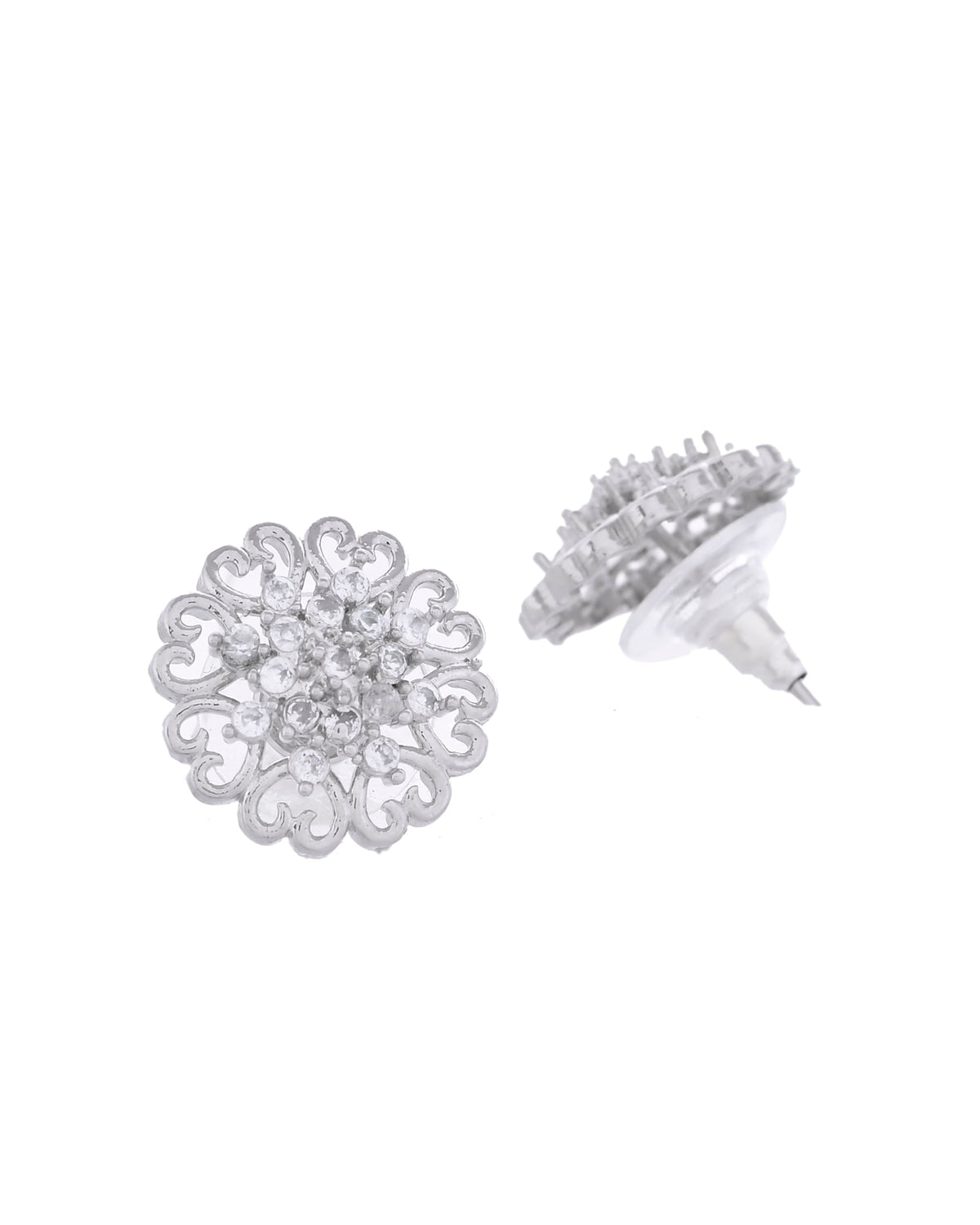 VOJ Silver Plated AD-Studded Flower Shape Stud Earrings