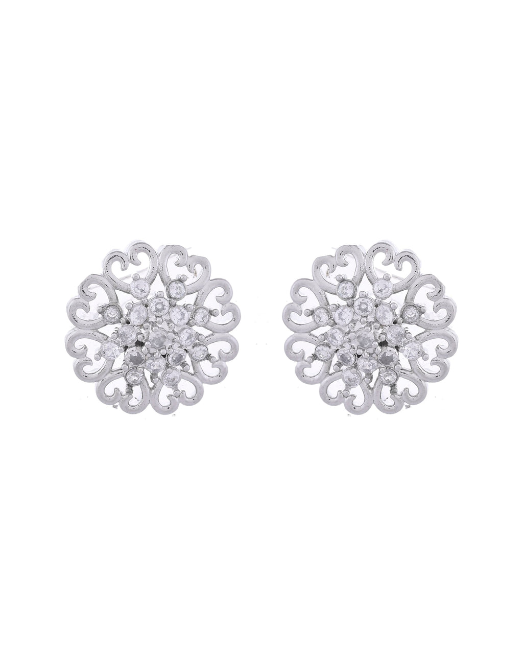 VOJ Silver Plated AD-Studded Flower Shape Stud Earrings
