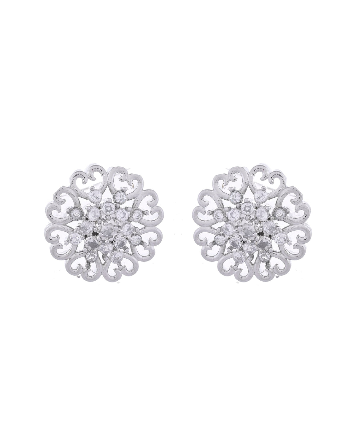 VOJ Silver Plated AD-Studded Flower Shape Stud Earrings