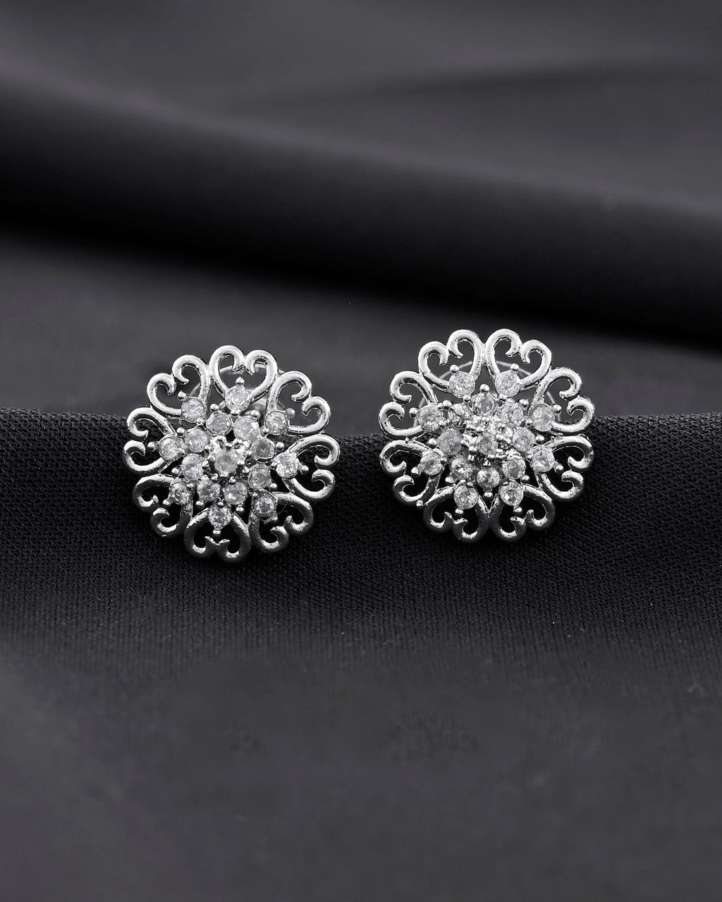VOJ Silver Plated AD-Studded Flower Shape Stud Earrings