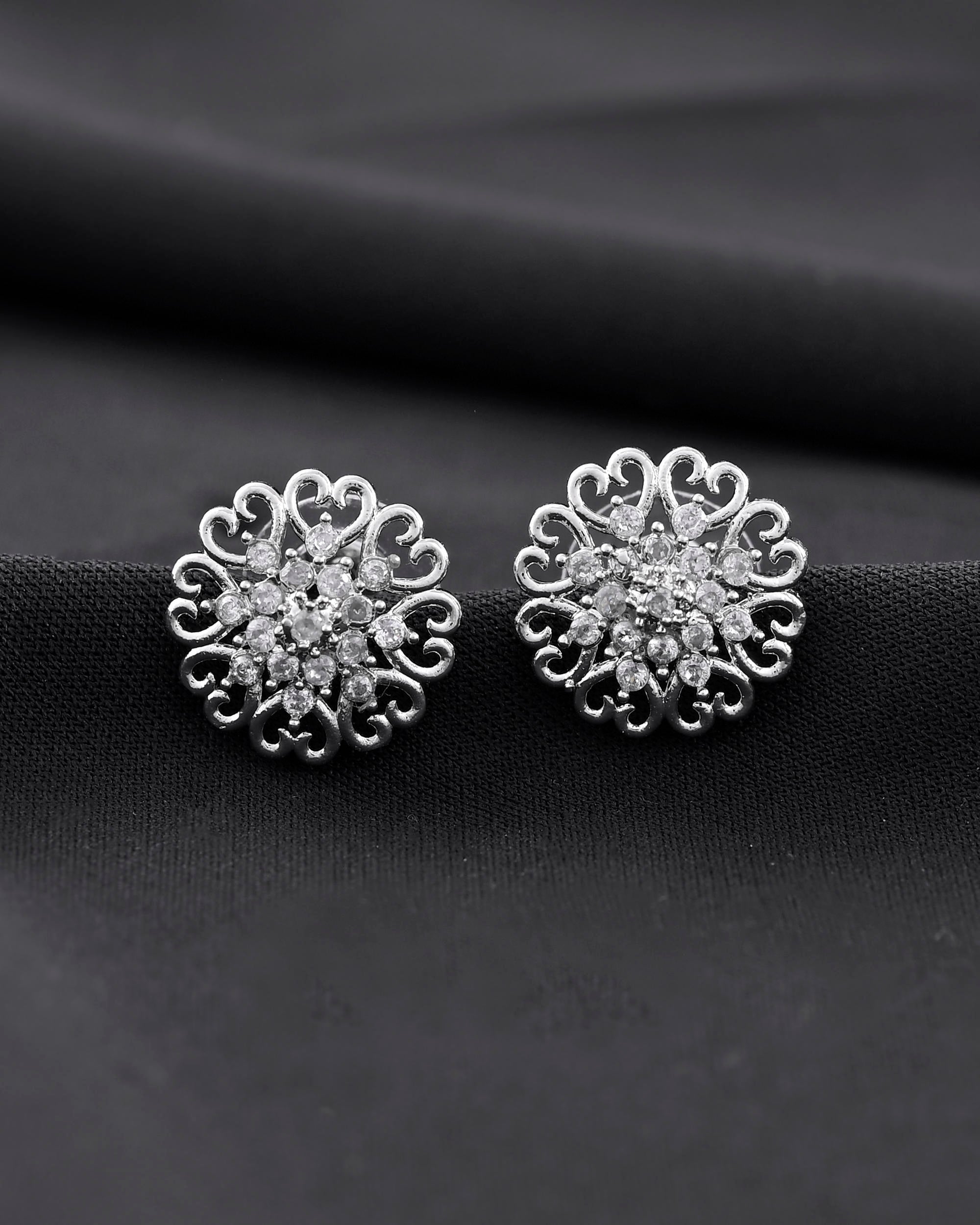 VOJ Silver Plated AD-Studded Flower Shape Stud Earrings