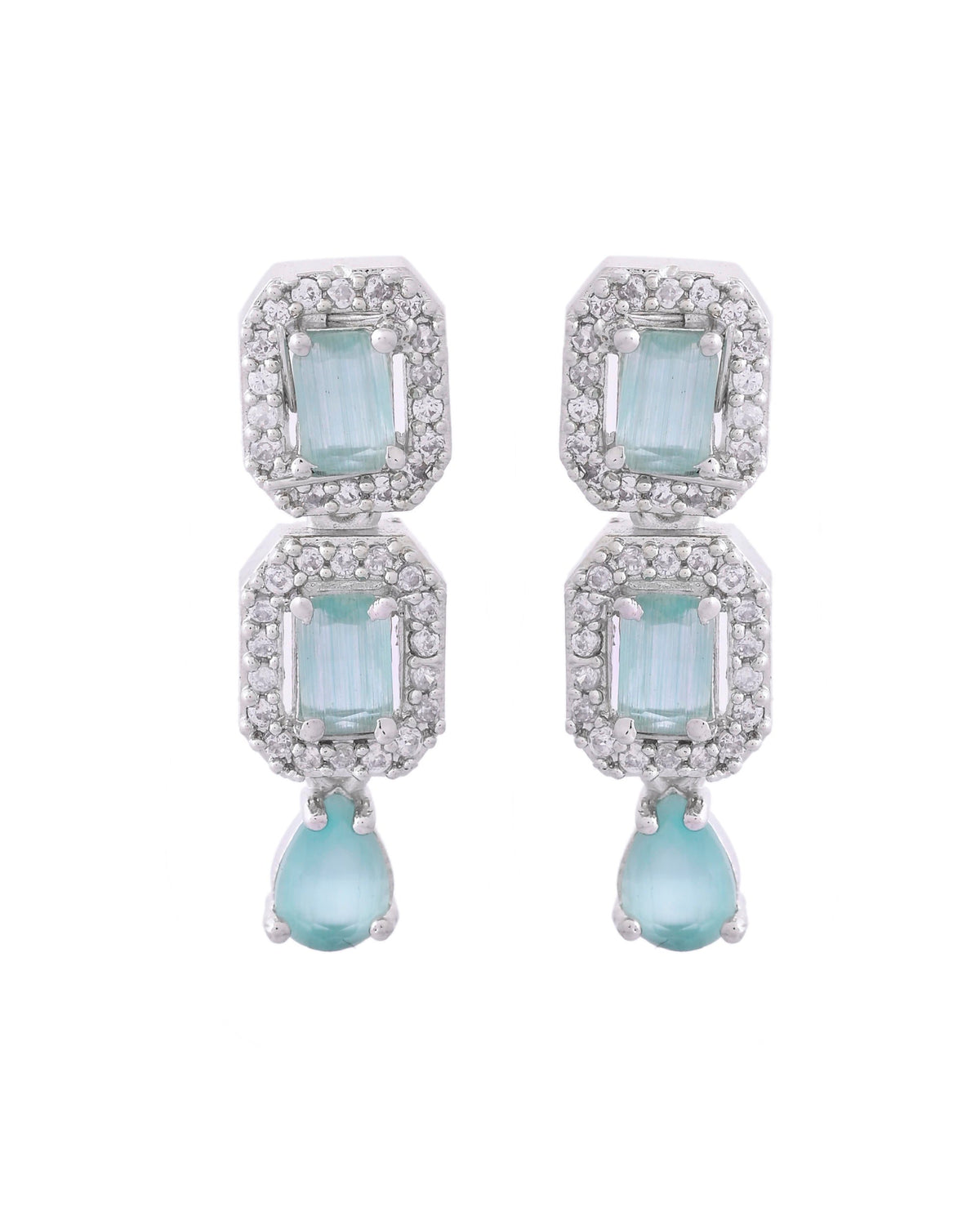 VOJ Silver Plated Sea Green Stone Studded Rectangular AD Jewellery Set