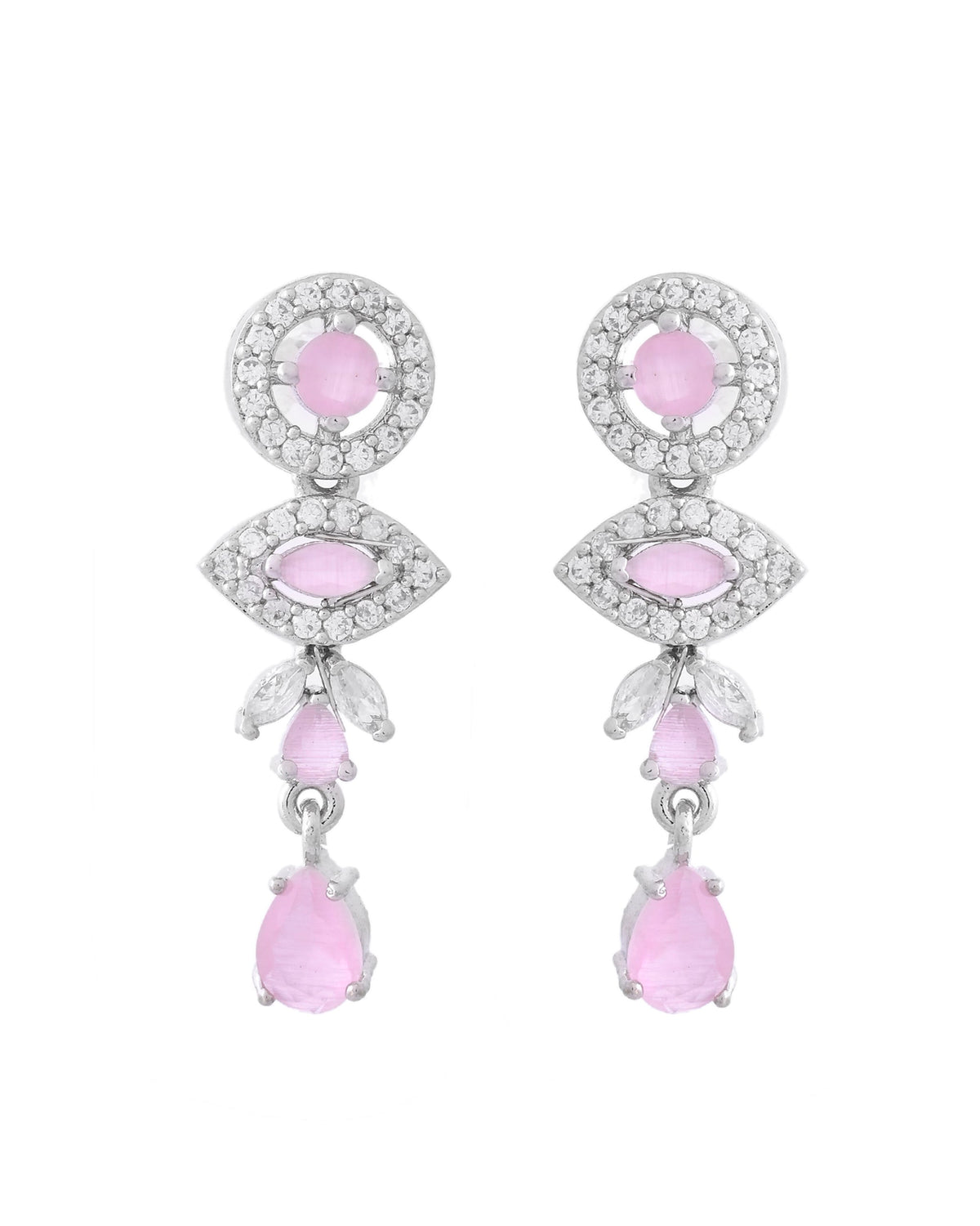 VOJ Silver Toned White And Baby Pink Stone Studded AD Jewellery Set