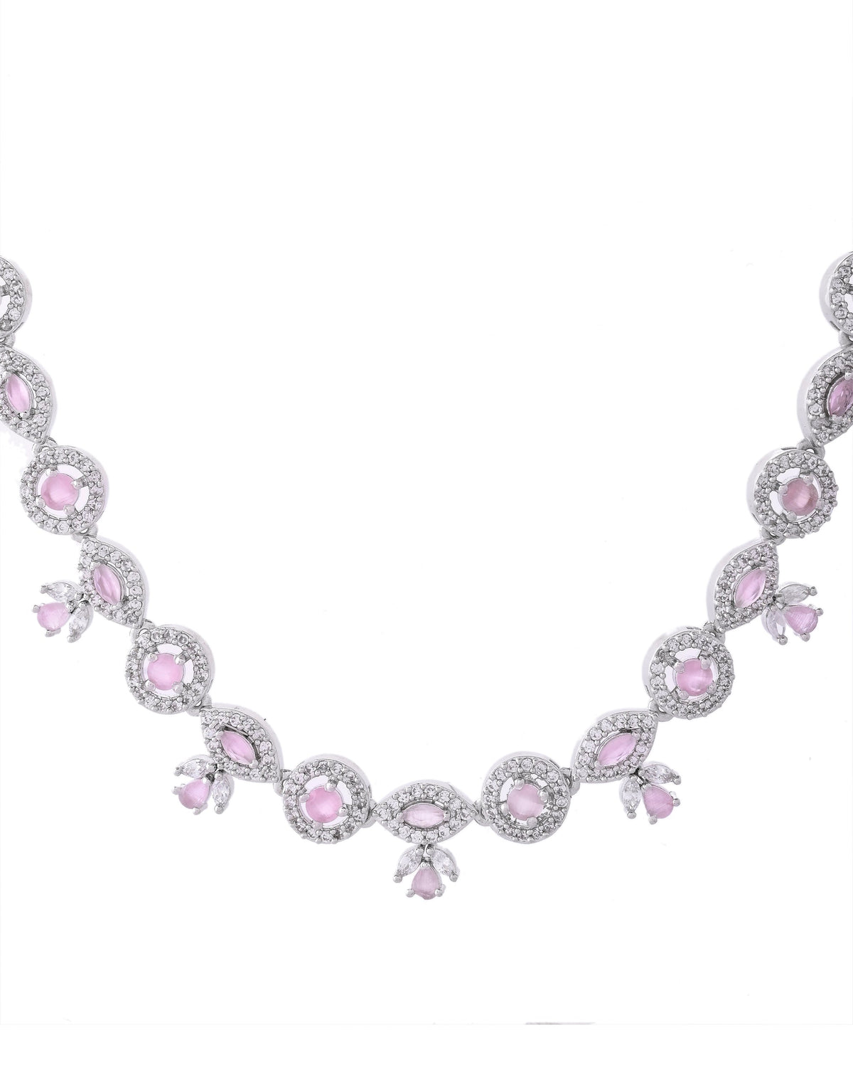 VOJ Silver Toned White And Baby Pink Stone Studded AD Jewellery Set