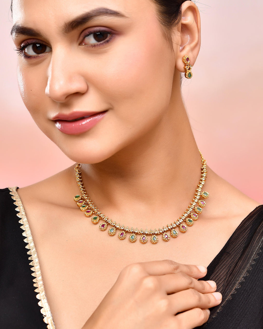 VOJ Gold Toned AD Stone Studded Classic Jewellery Set | Grocsy