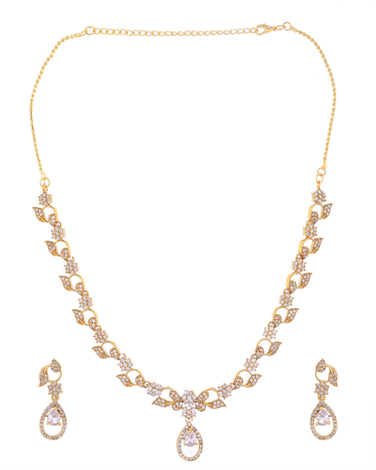 VOJ Gold-Polished Floral Shaped AD Studded Elgent Jewellery Set