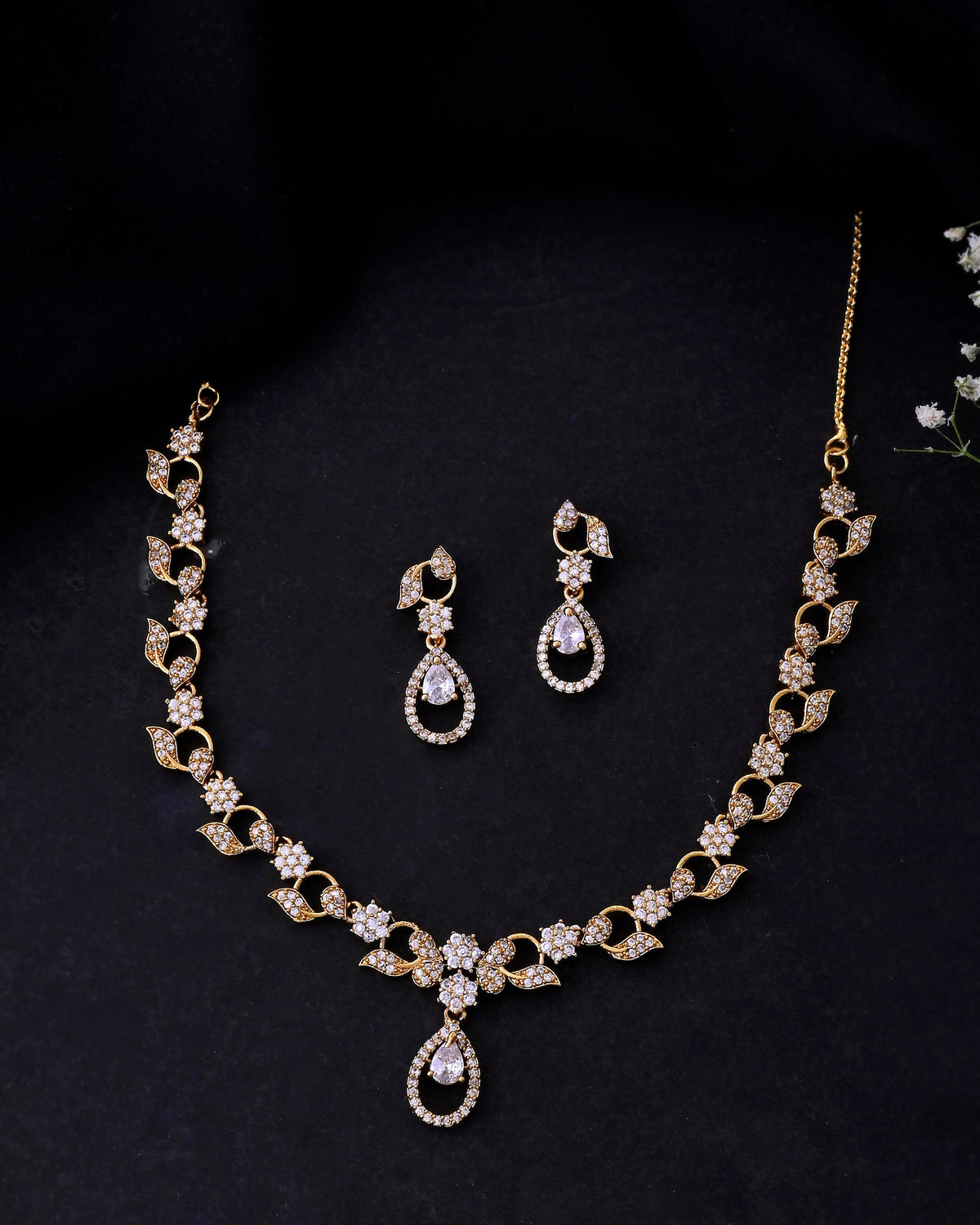 VOJ Gold-Polished Floral Shaped AD Studded Elgent Jewellery Set