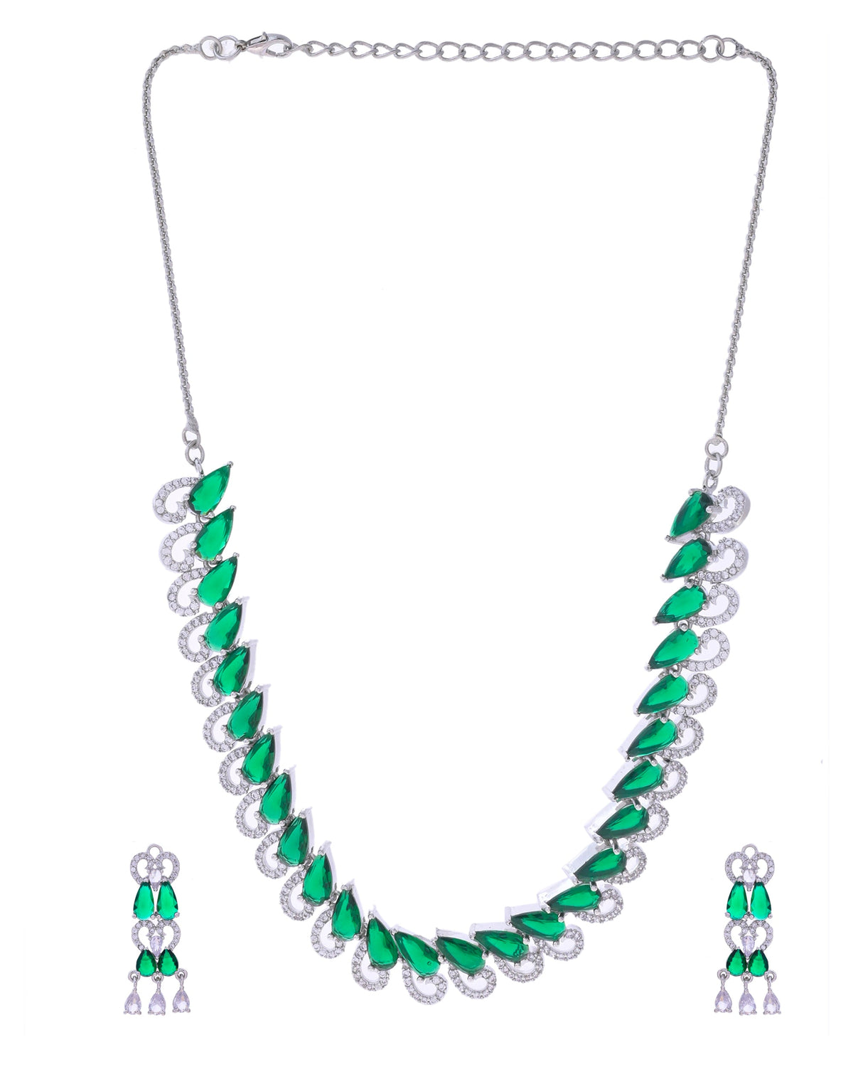 VOJ Silver Plated AD And Green Stone Tear Drop Shaped Necklace Set