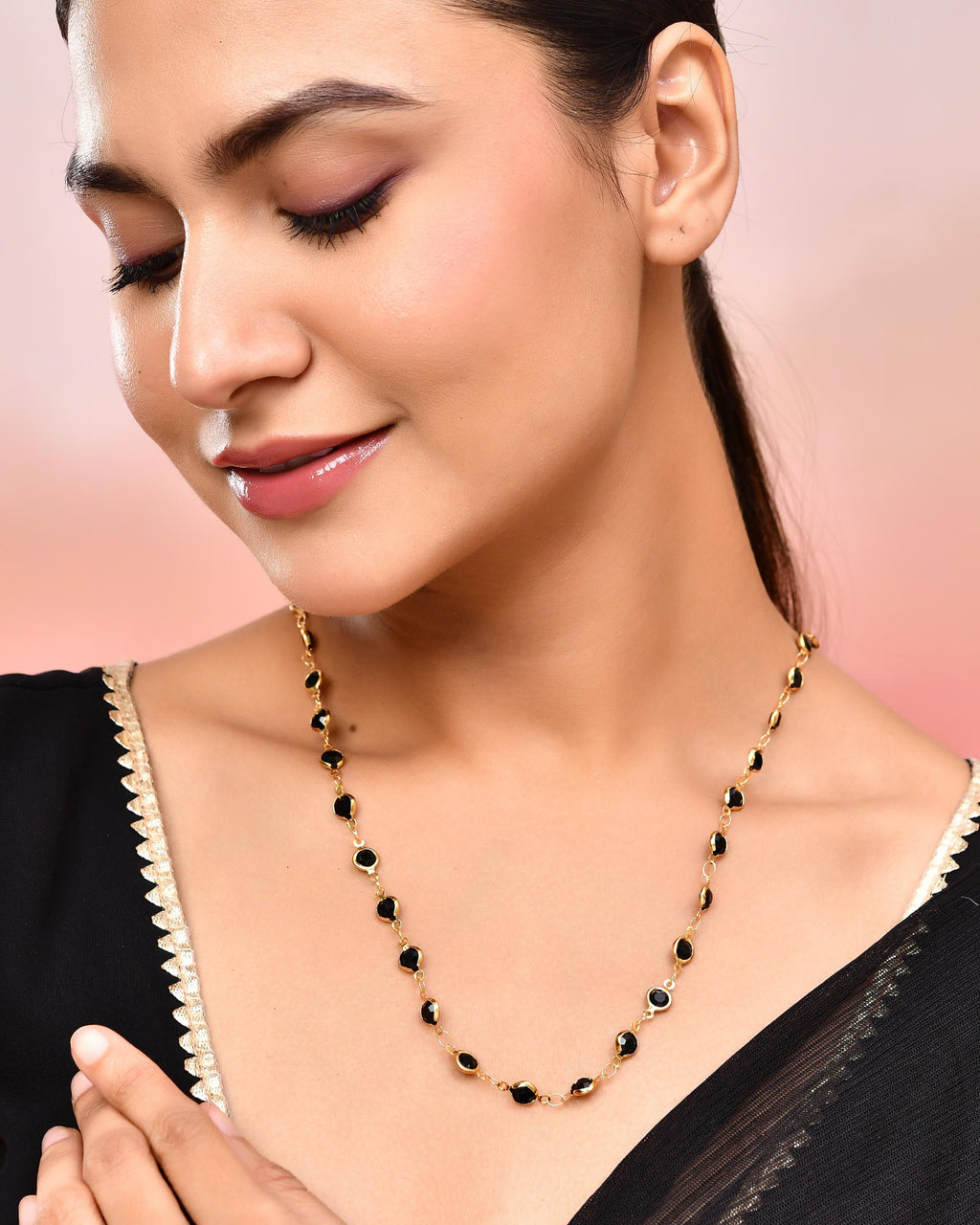 VOJ Gold-Polished Black Stone Studded Women Chain | Grocsy