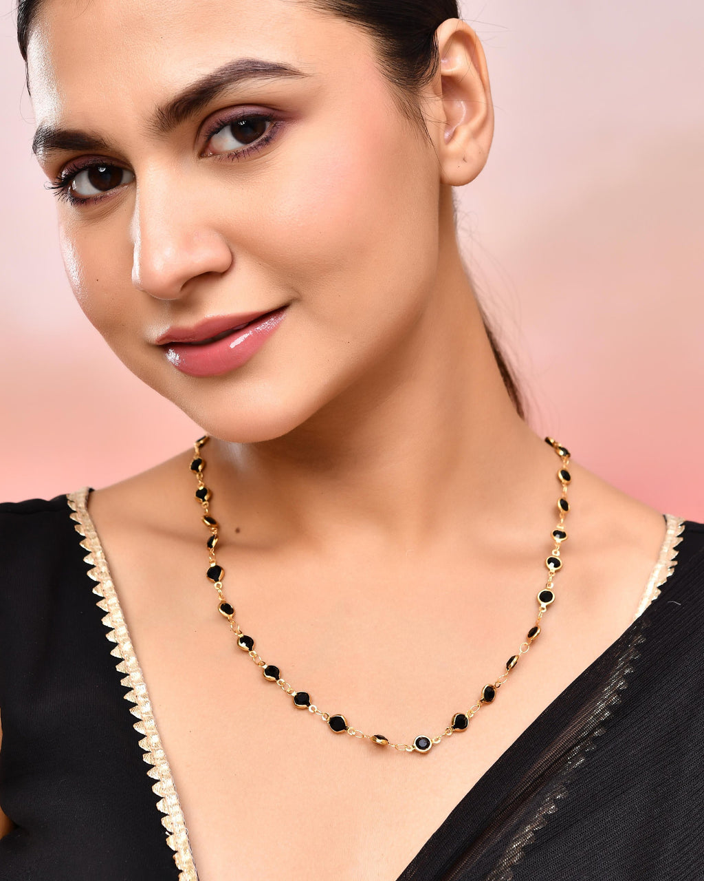 VOJ Gold-Polished Black Stone Studded Women Chain | Grocsy