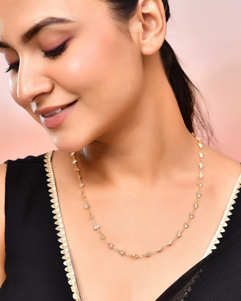 VOJ Women Gold-Polished Triangular Stone Studded Chain | Grocsy