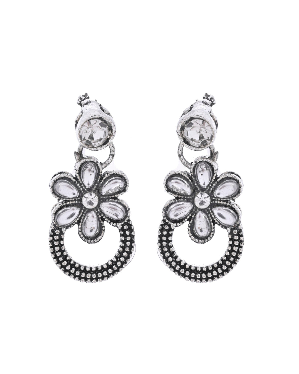 VOJ Oxidized Floral Stone Studded Necklace With Earrings Set